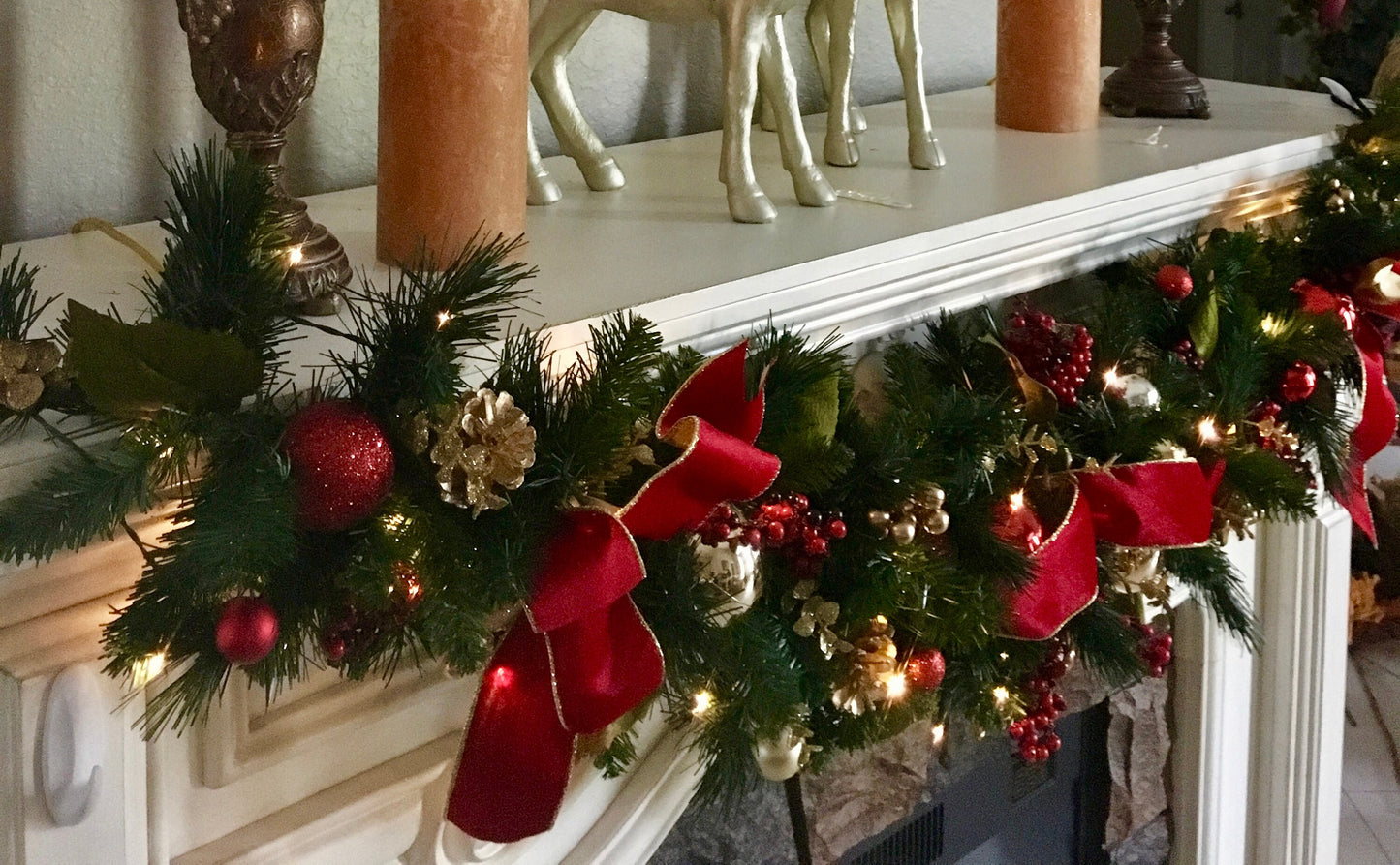 Christmas  Garland,   Red Velvet Ribbons ,  Cordless, Timer, Pre-lit,