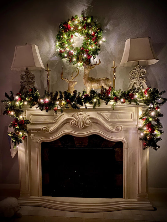 Economical Holiday Decor Set. Artificial and Simple Pre Decorated Pre Lighted Wreath with 9' Garland Included Cordless Light with Timer.
