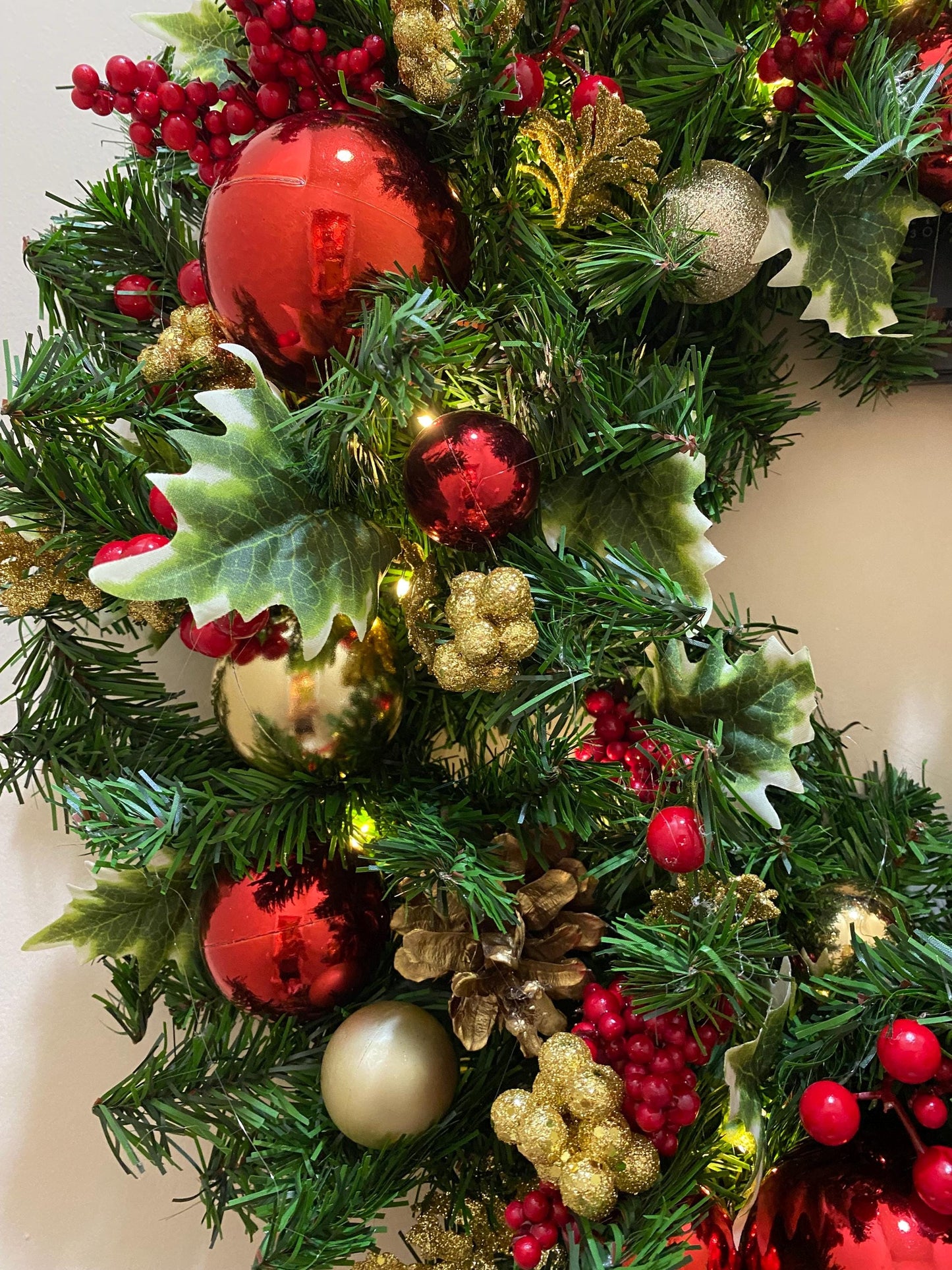 23" LED Christmas Wreath, Red Holly Berry Pine, Battery Operated Timer