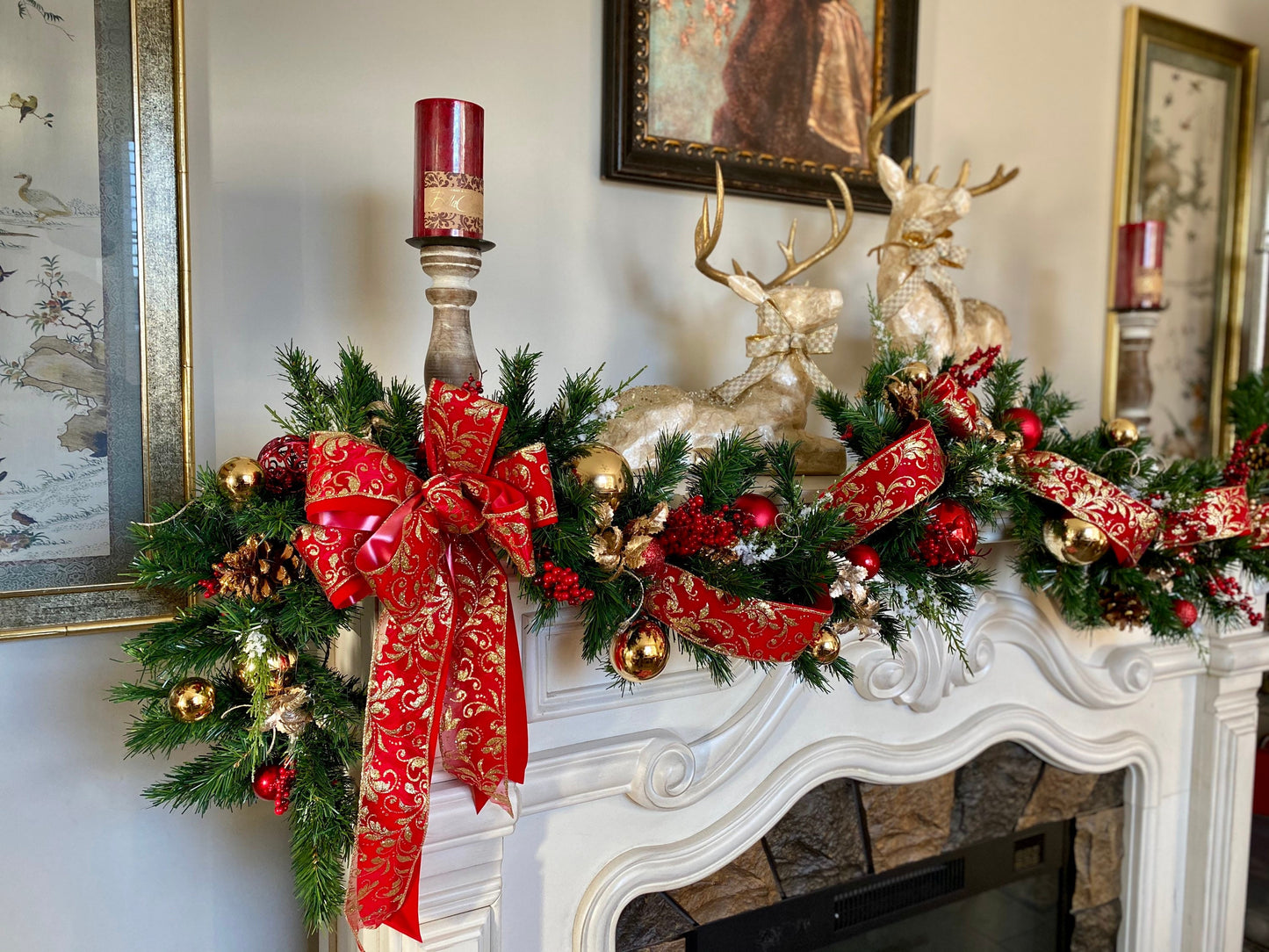 Christmas Garland. Red Velvet Ribbon with gold trimmings/ backing, Cordless, FREE SHIPPING,  50 LED light cordless with timer,