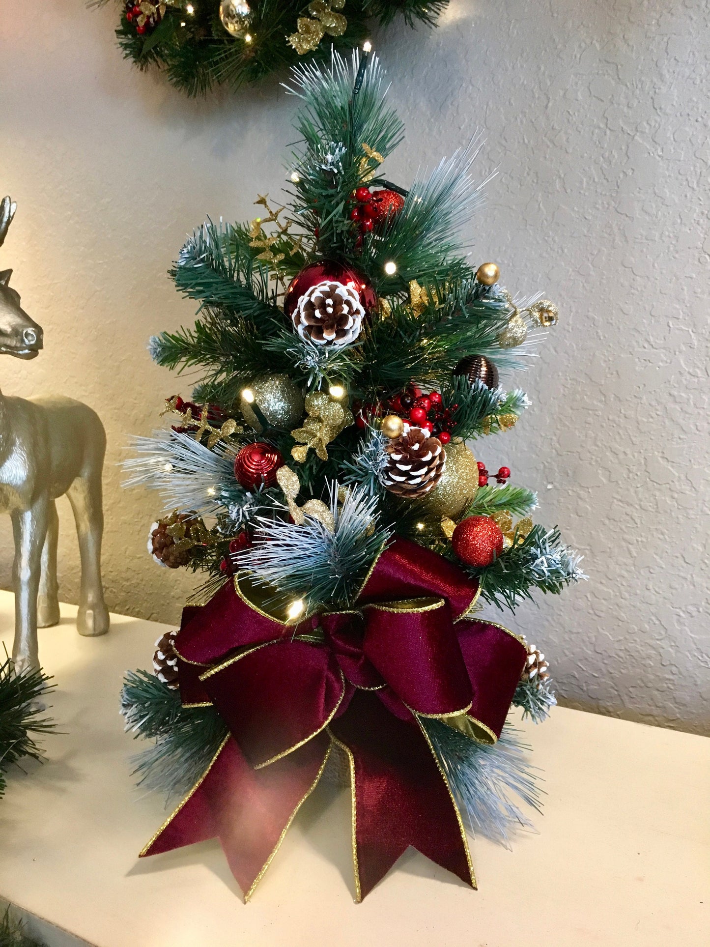 4 PC Set Christmas Wreath & Garland Set / Burgundy  Velvet Ribbons , FREE SHIPPING, Cordless, Pre-lit, Original,