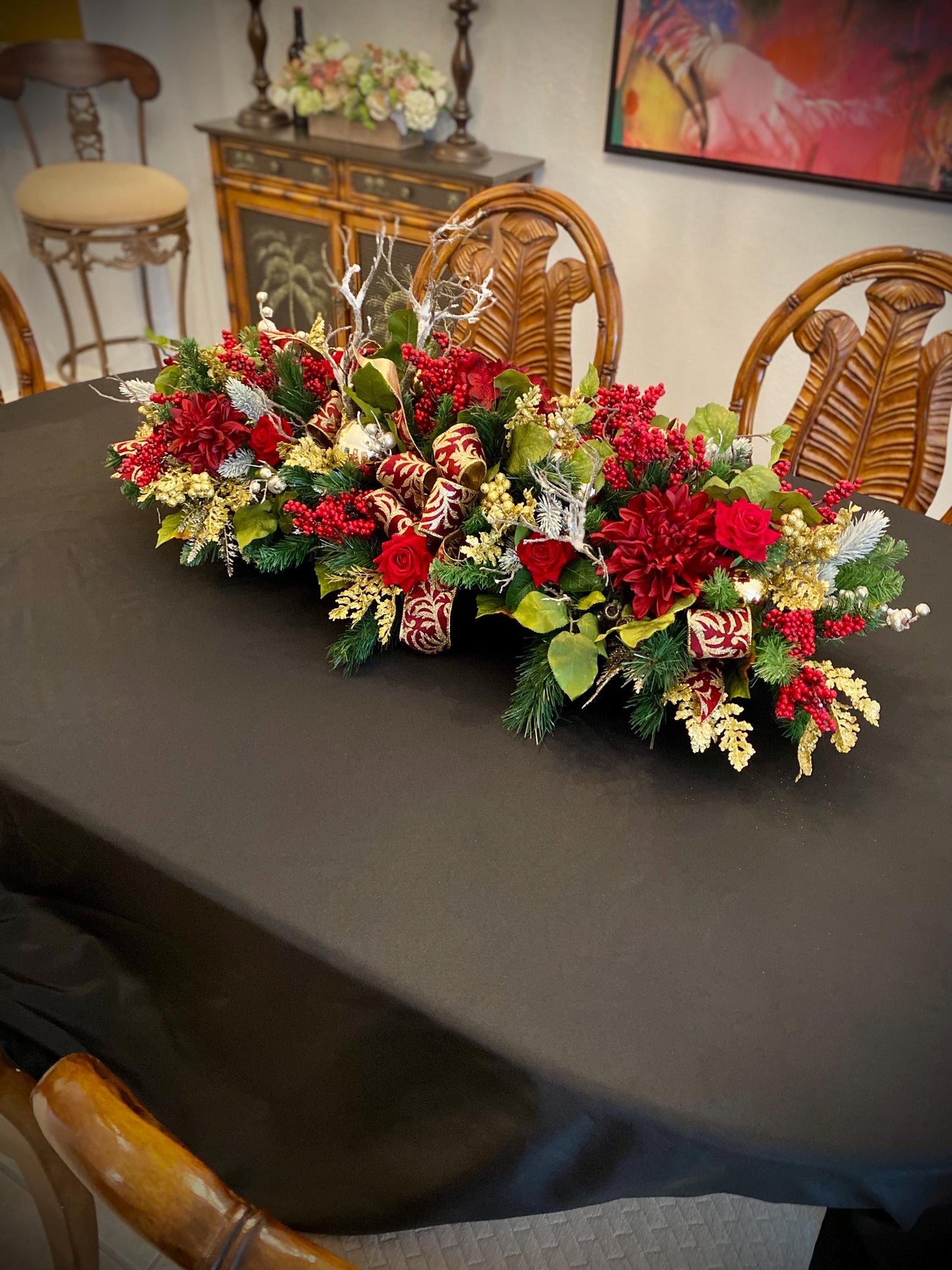 Luxury XL Holiday  Table Centerpiece . Artificial 45”  long  Velvety Wine Red flwerlet . Perfect  for a large table.