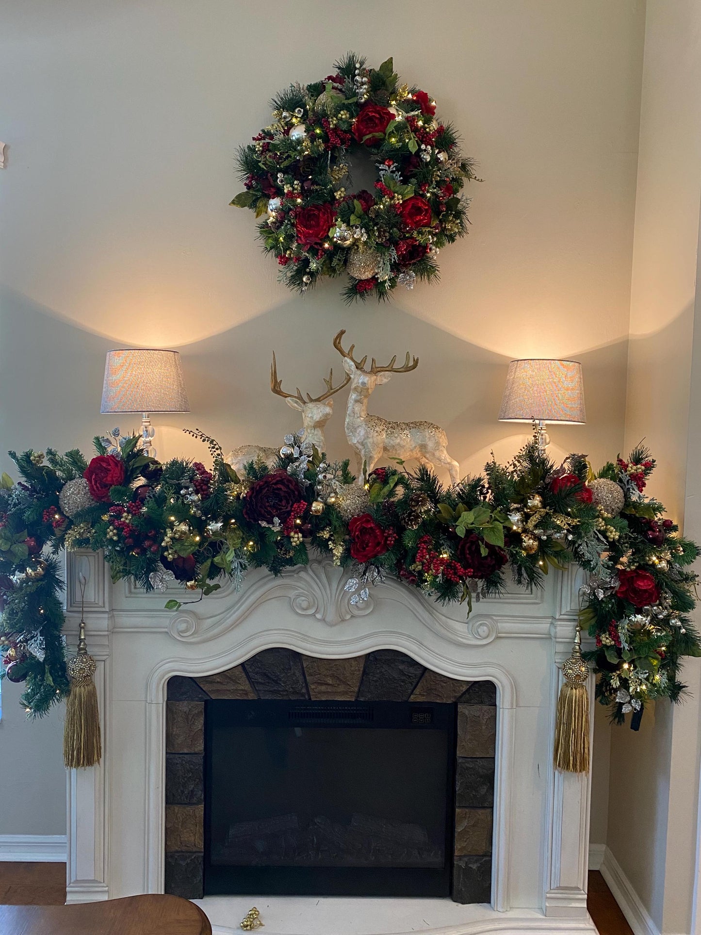 Luxury Red Peony Christmas Wreath and Garland Set, Cordless Pre-lit Decor