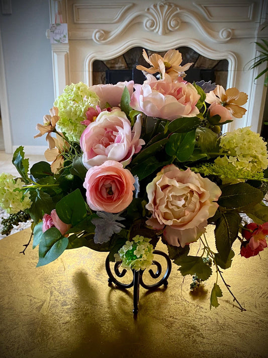 Soft Mauve Floral Centerpiece, Faux Rose  and Ranunculus Arrangement