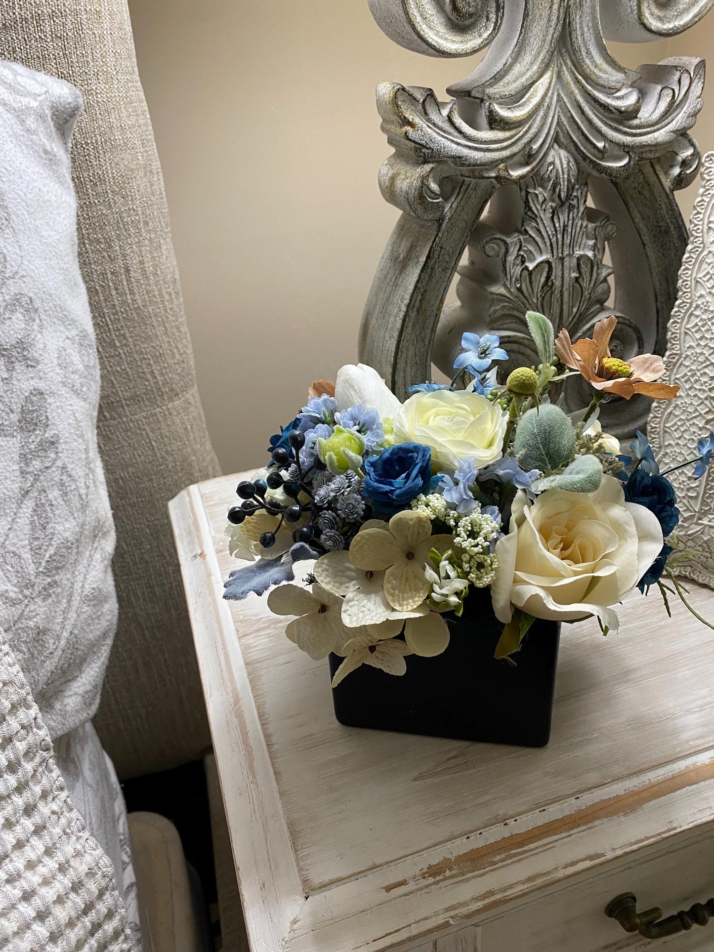 Little Blue Pavey Nosegay Beautiful Ranunculus and roses in black glass cube. Baby blue and ivory, Artificial ,  7"x7"