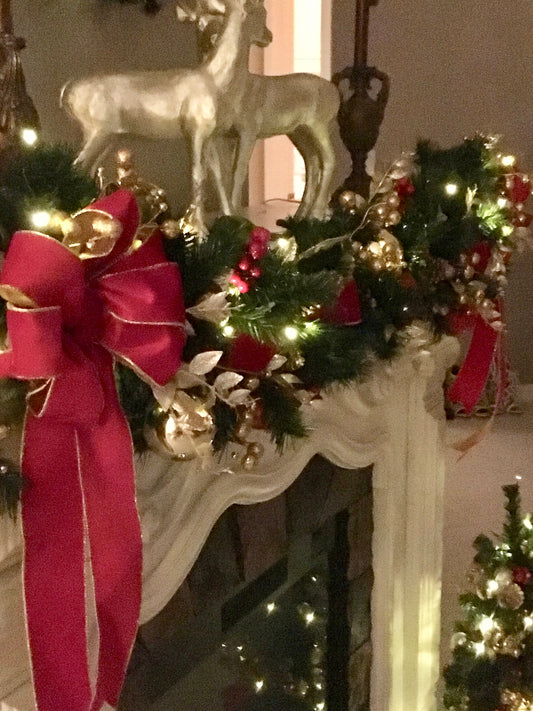 Red Velvet Christmas Garland, Gold Trim, Cordless 50 LED Lights