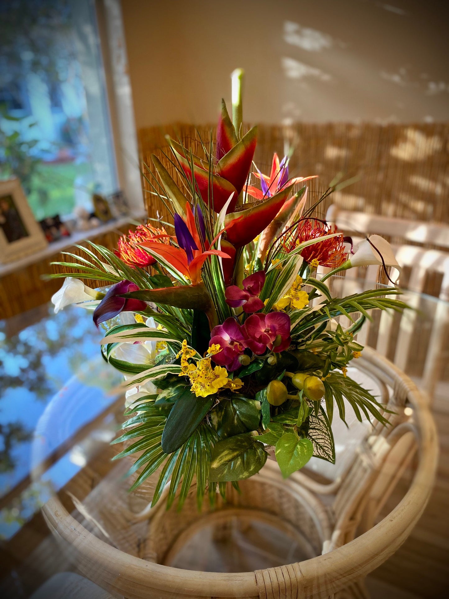 Exotic Hawaiian Heliconia Arrangement: Bird of Paradise, Purple Protea, Coral Fan (20”x13”)