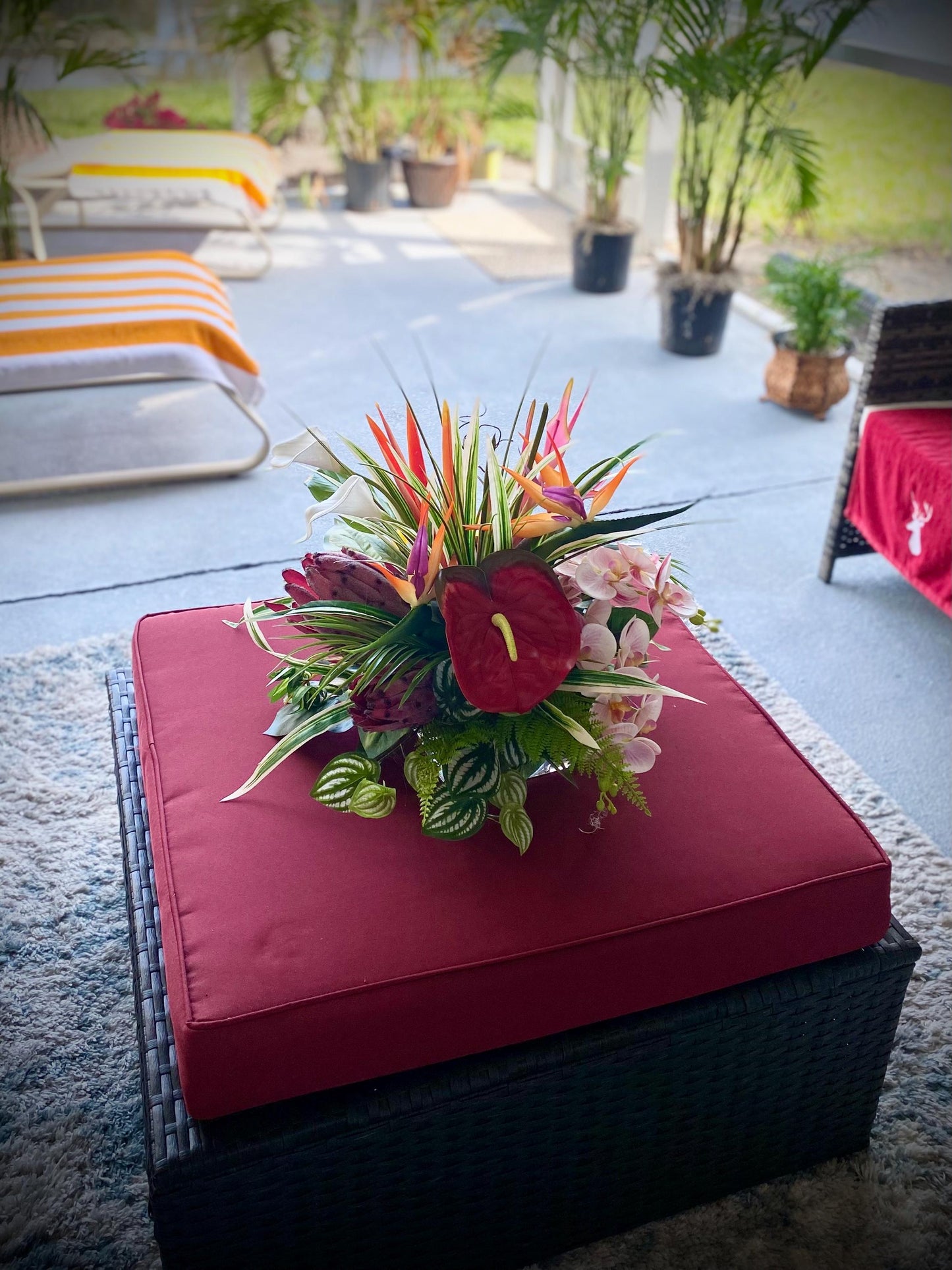 Paradise Found. 18x18x15  Tropical Centerpiece.  Beautiful Bird of paradise, King Protea, Orchids stems.  Artificial, Faux, Silk,