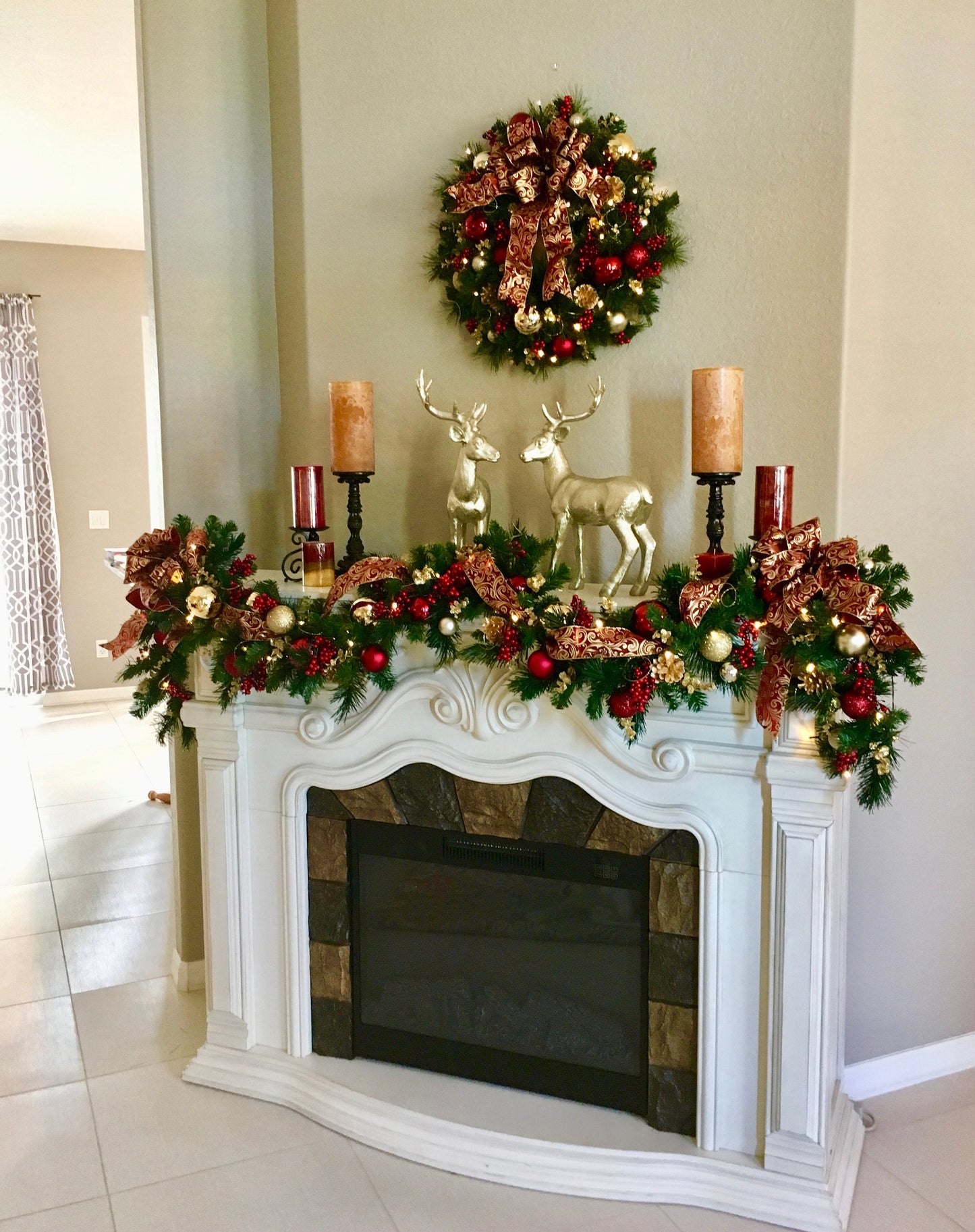 Burgundy Christmas Wreath and Garland Set, LED Lighted, Holiday Decor