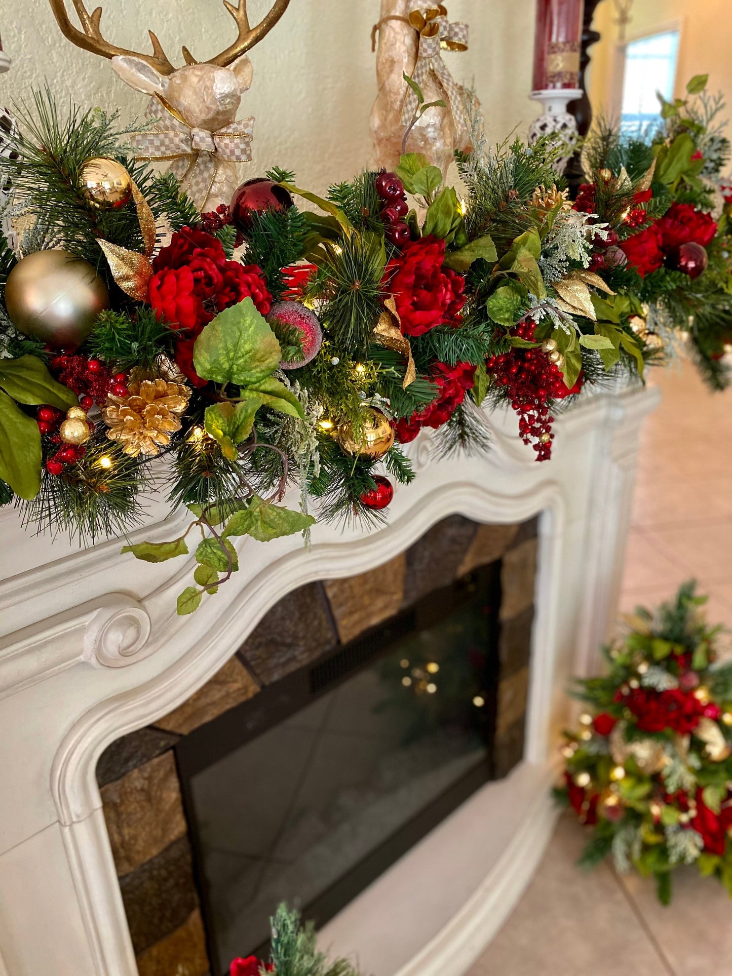 Signature Dark Red Peony Christmas Decor, 4PC Set. Silk Luxury Wine Red Peonies Mix , Wreath, Garland, 2 Trees, Cordless, Pre-lit,