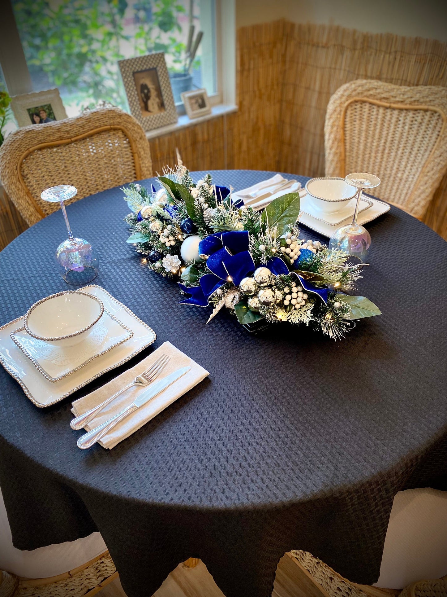 Blue Velvet Holiday Table Runner with Silver Trim, LED Lights