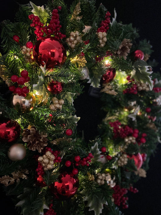 Red Holly Berry Christmas Wreath, 23 Inch, LED Timed Lights