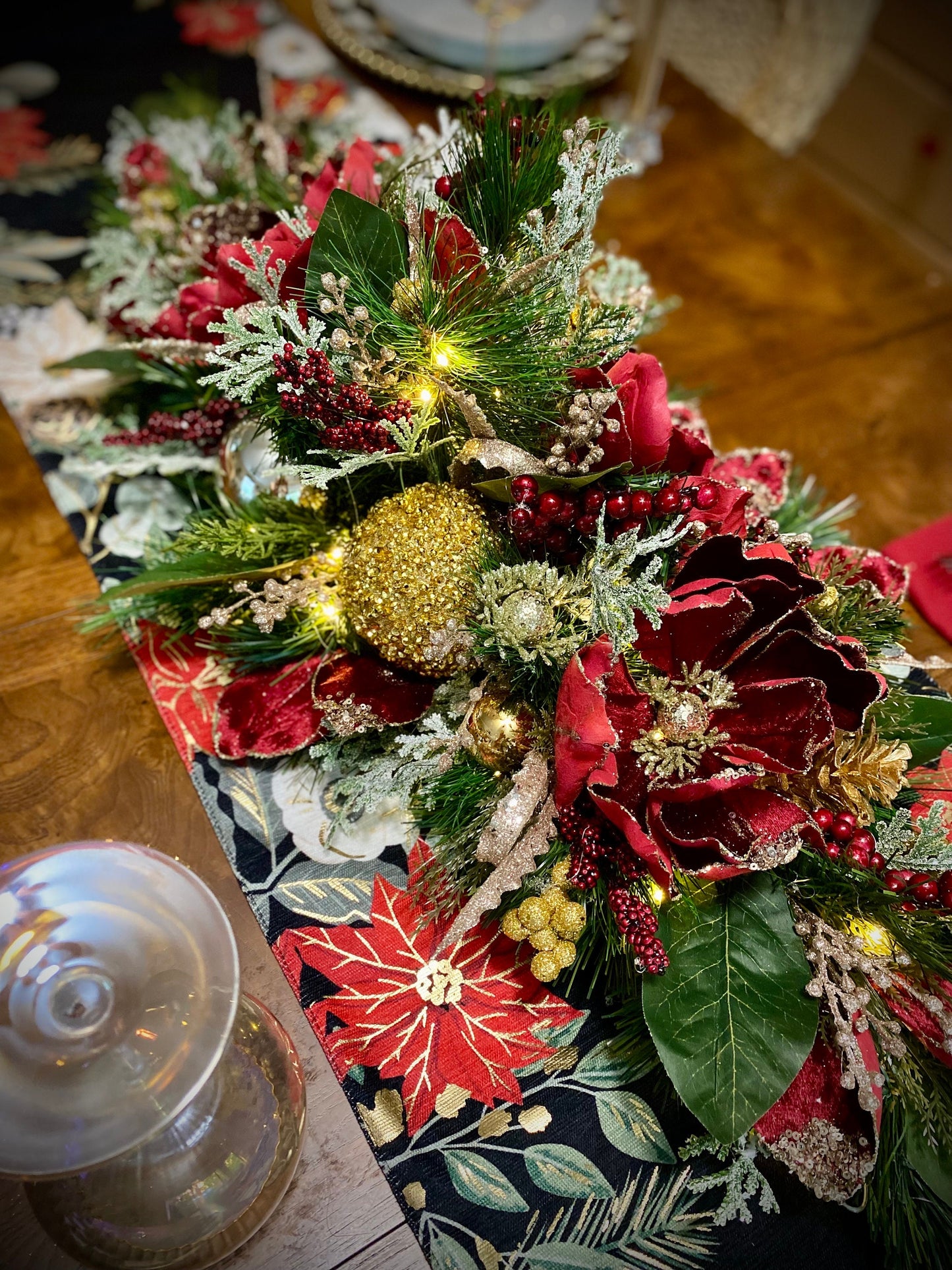 Velvet Wine Red Magnolia Holiday Centerpiece, LED Lights & Timer