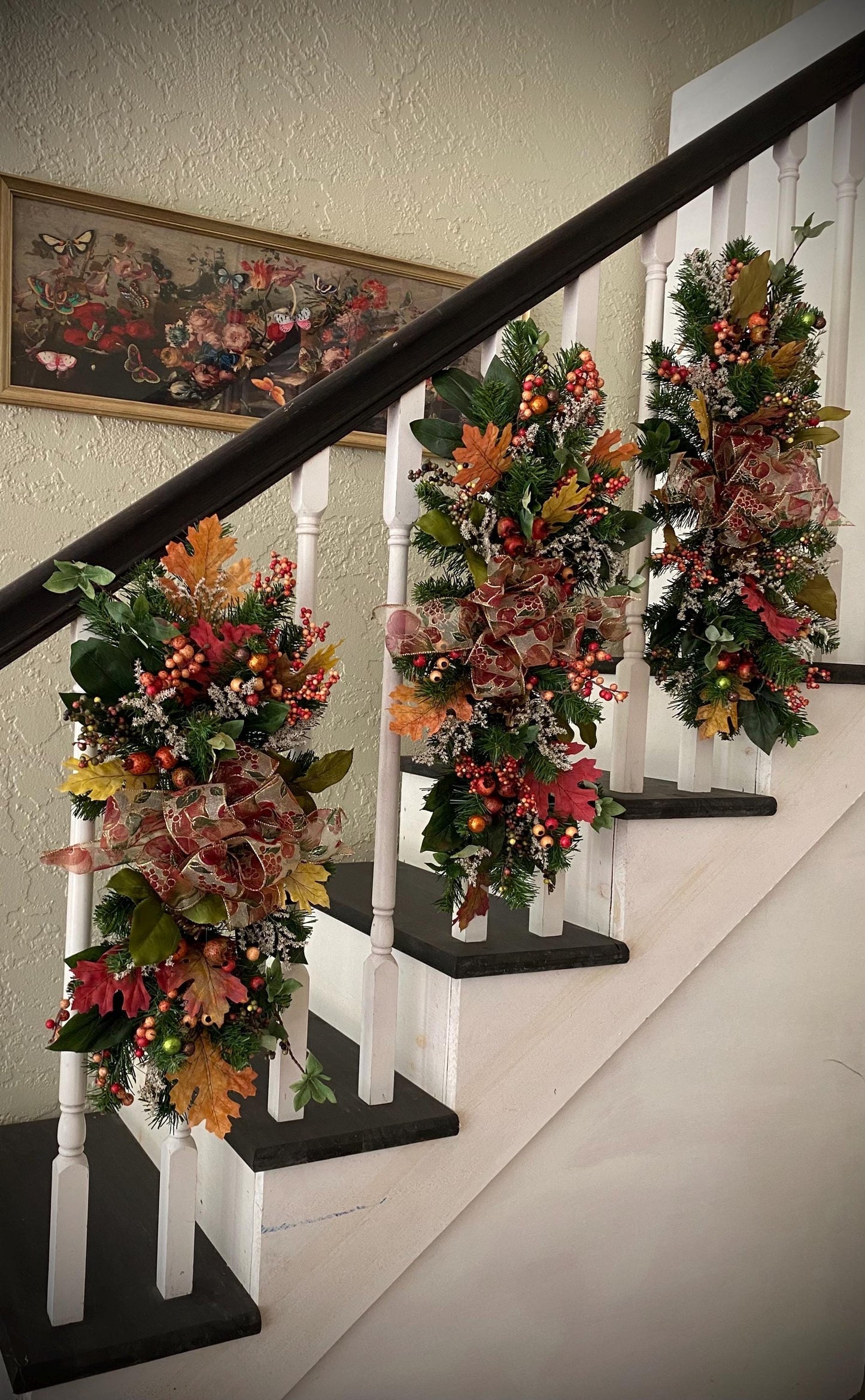 Fall Luxury 3 pc Set Thanksgiving Swag for Stairs,  Artificial Decor (Pre Lit with Automatic Timer) Free Shipping, Orange, Vertical Swags.