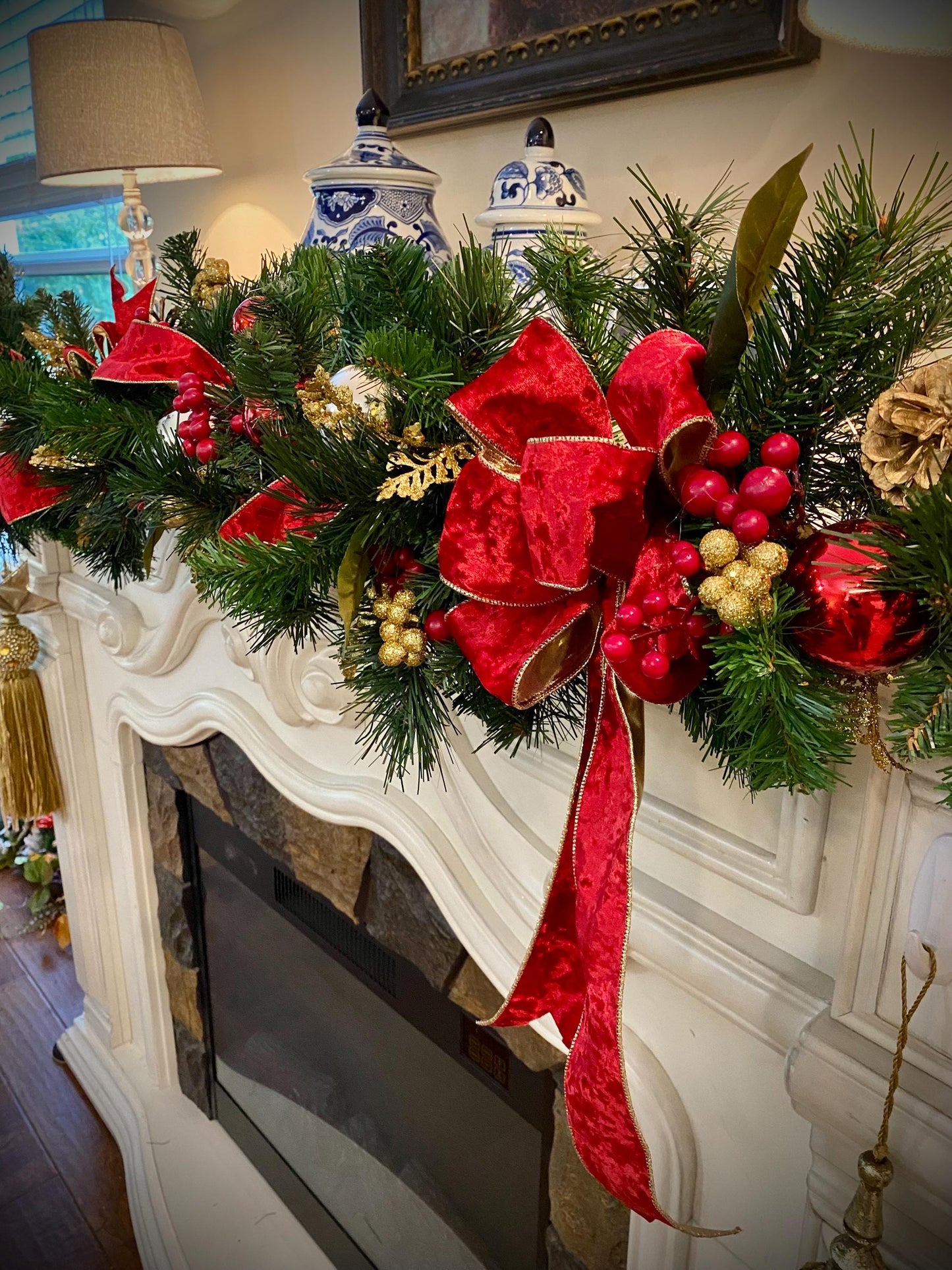 Red Velvet Christmas Garland, Gold Trim, Cordless 50 LED Lights