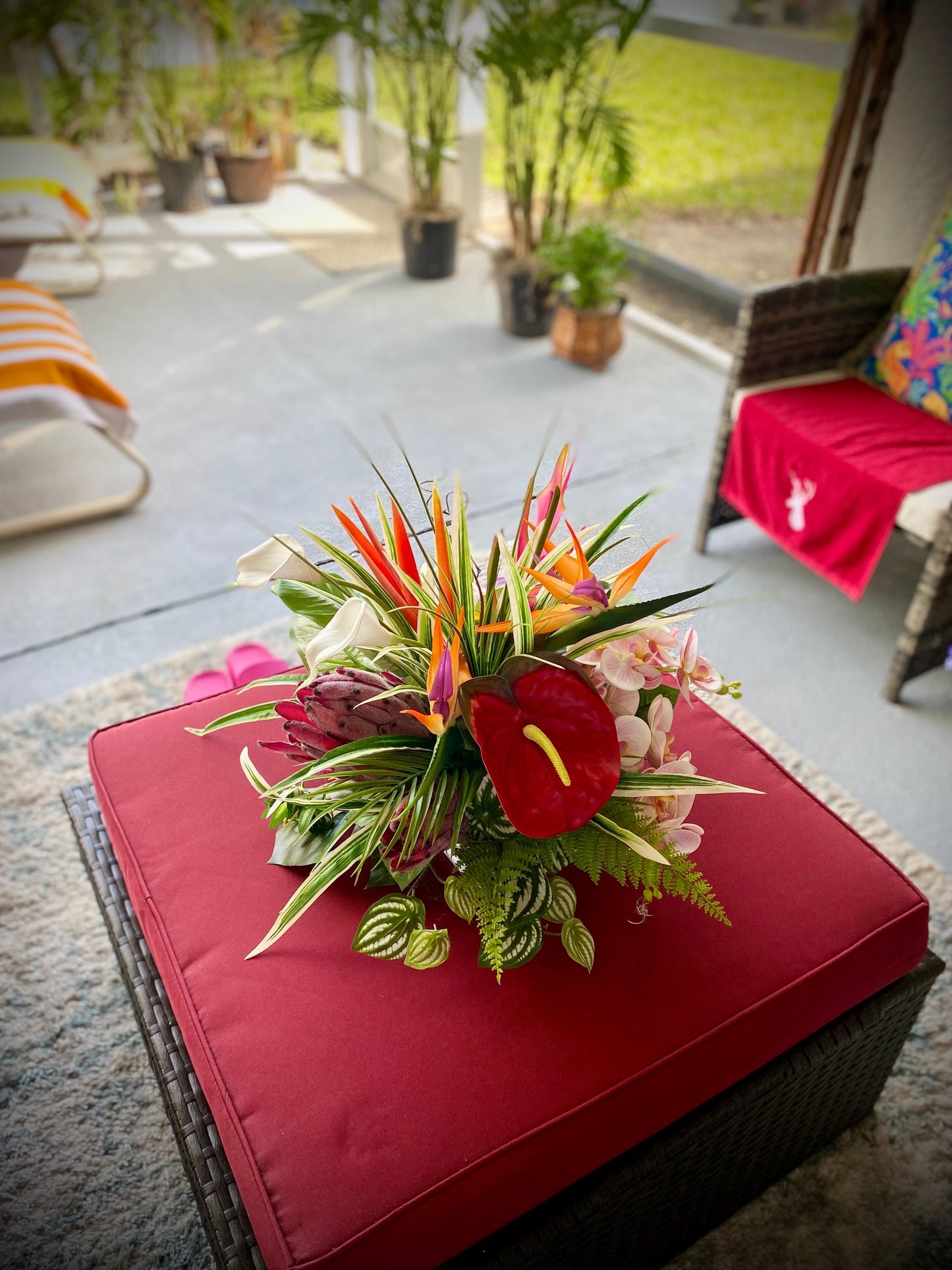 Paradise Found. 18x18x15  Tropical Centerpiece.  Beautiful Bird of paradise, King Protea, Orchids stems.  Artificial, Faux, Silk,