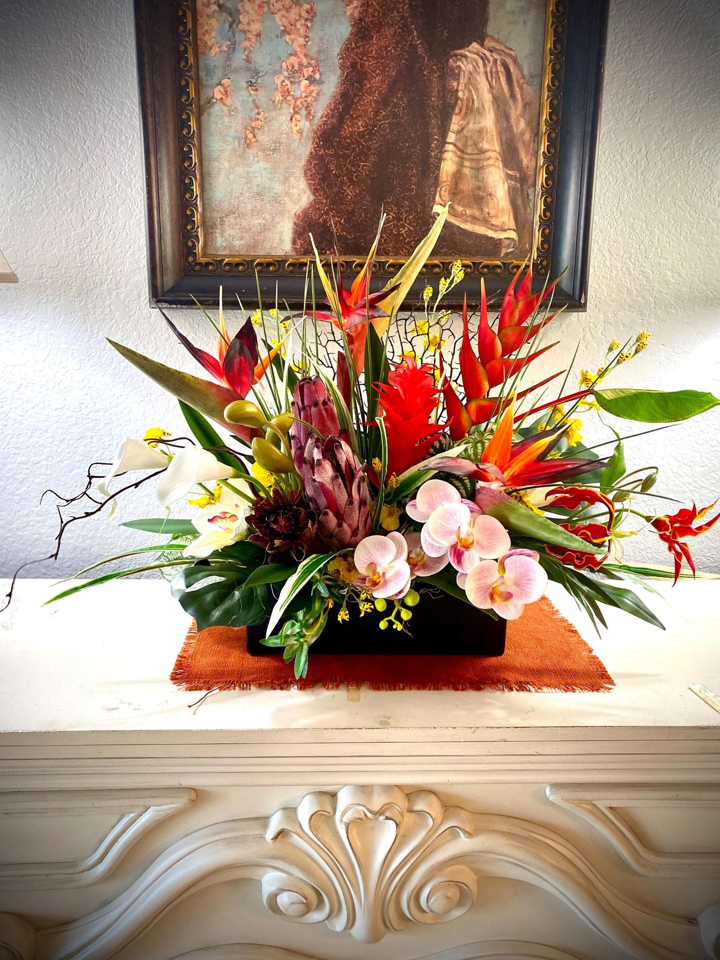 Bird of Paradise and  Heliconia  in Black Ceramic Vase. Tropical Centerpiece with  Artificial Arrangement. 26Wx18Hx15D