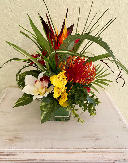 2 PC Set Tropical Floral Arrangement, Bird of Paradise in Glass Cube, 2pc Set