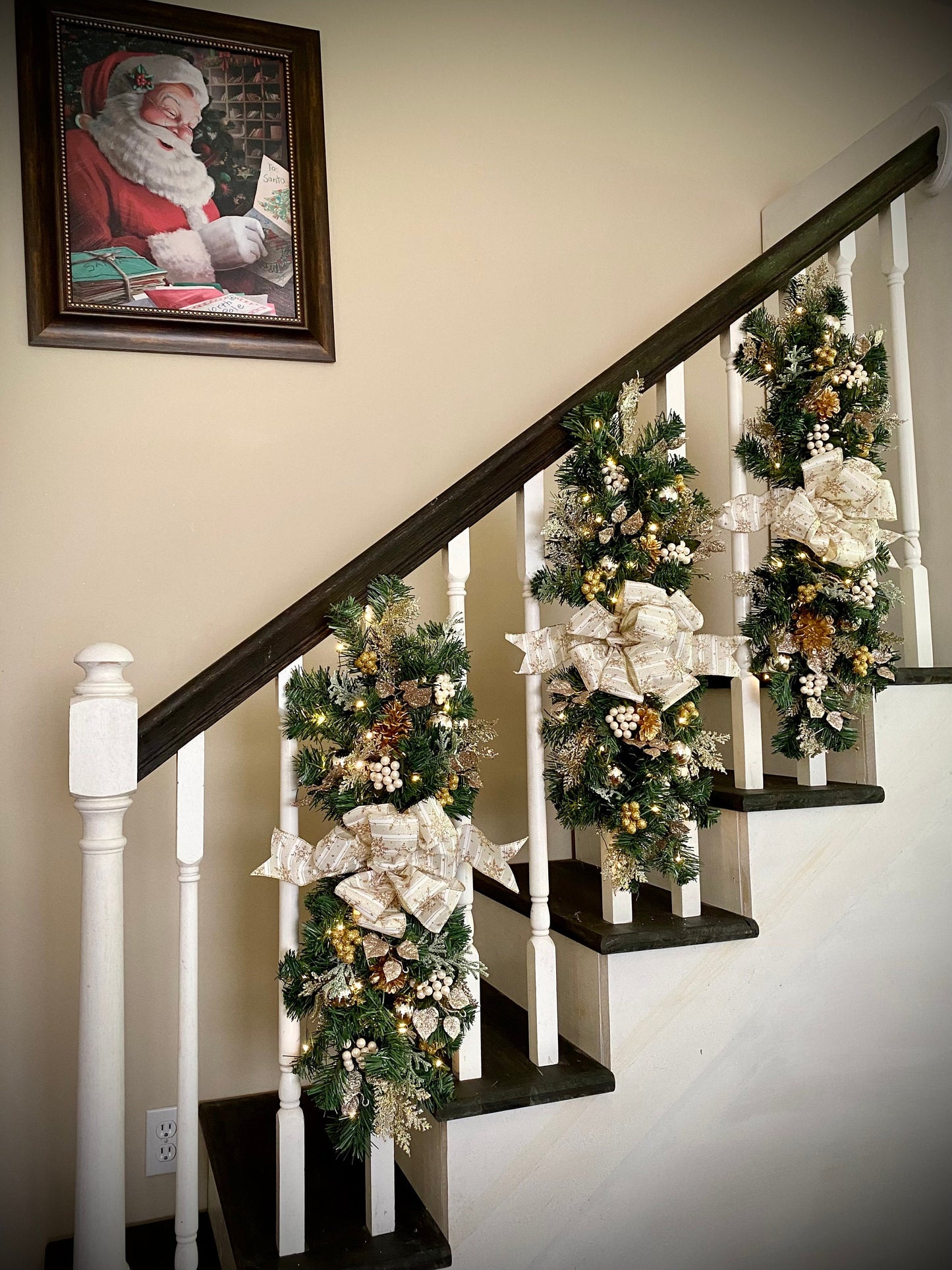 Luxury 3 pc Set Champagne Christmas Swag for Stairs,  Pre Lit with Automatic Timer Free Shipping, White, Vertical Swags.