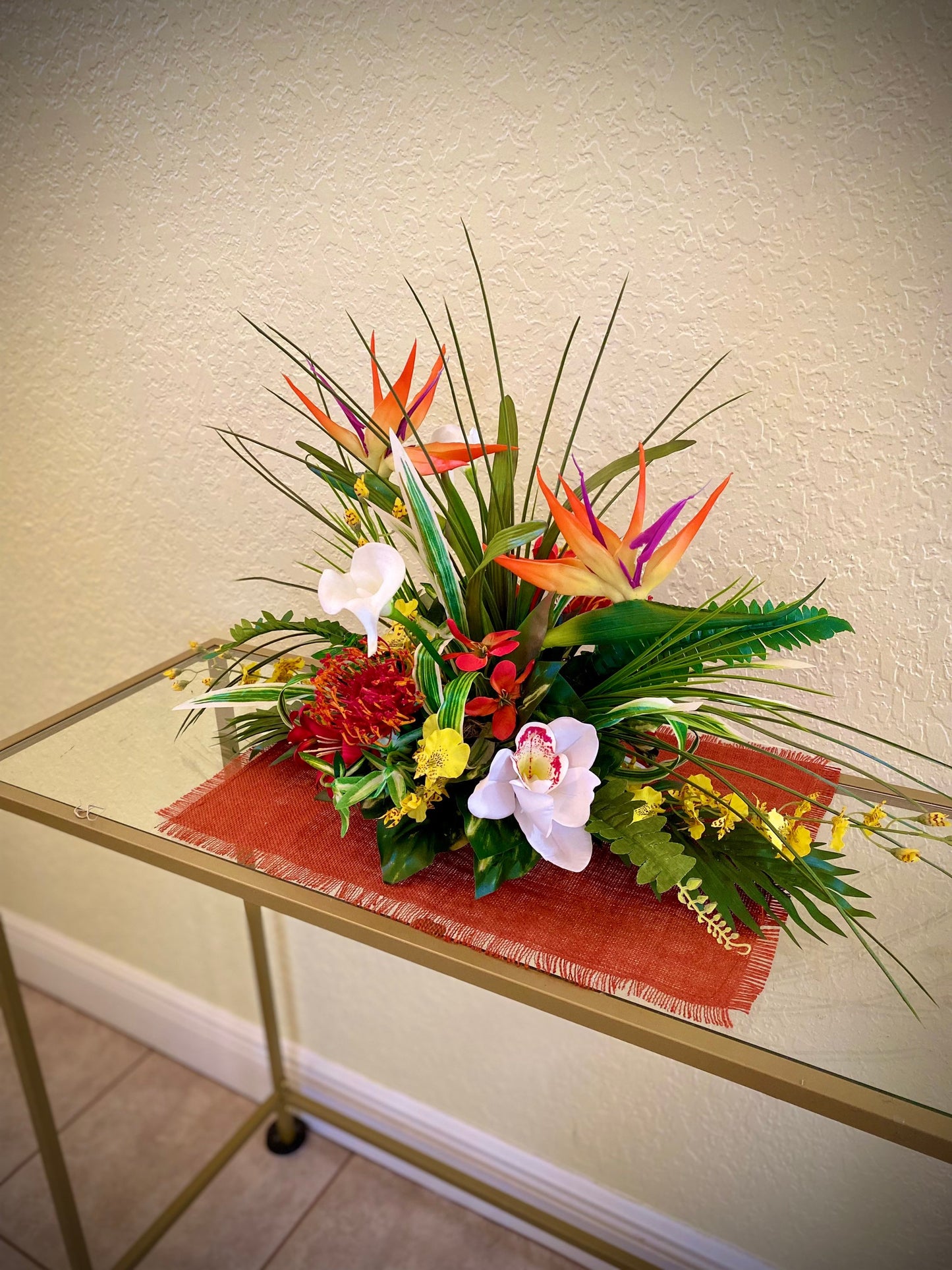 Must Have ! 30x1 3 x 13   For Dining Table. Tropical Centerpiece. Bird of Paradise, Arrangement, Artificial, Faux, Silk,