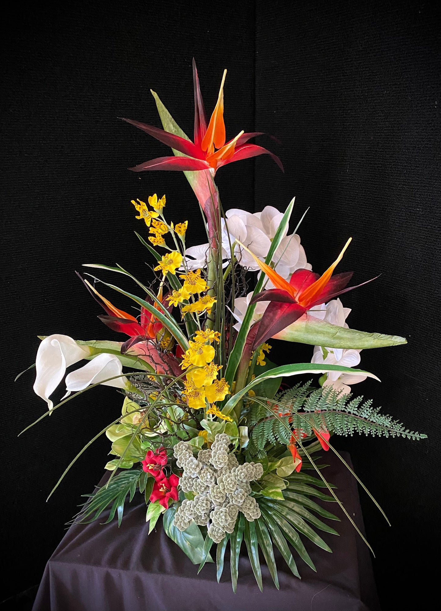 Exotic Elegant. Bird of paradise, Sea-fan, Succulent Tropical Centerpiece. Artificial. 24x13” 3 pounds. Great for medium dining table size.