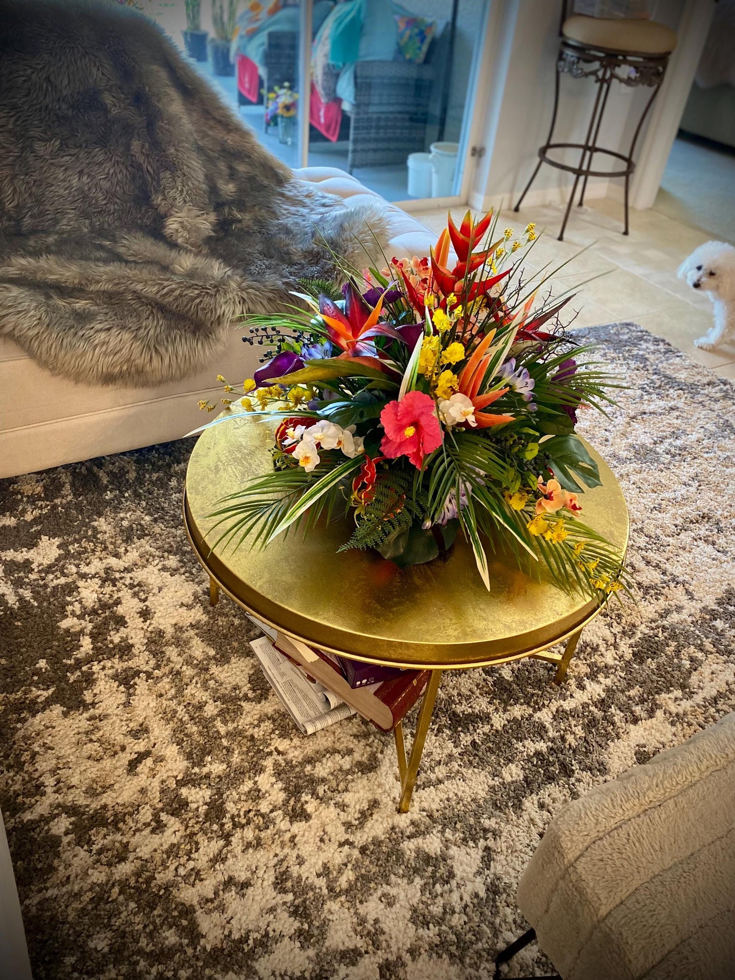Hawaii Breeze Heliconia and Coral Fan Faux Large Floral Centerpiece, Tropical Arrangement . Artificial Flower Arrangement.