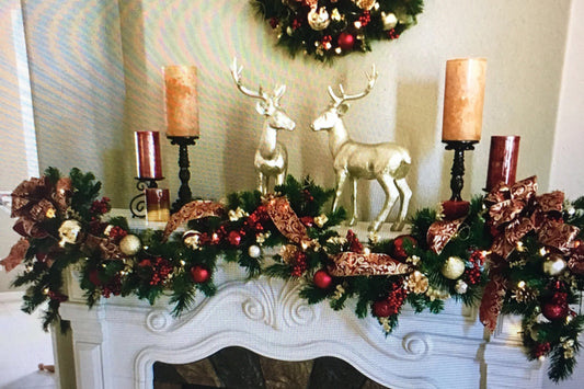 Christmas Garland, Elegant Burgundy Scroll Bow, 48 LED Light, Cordless