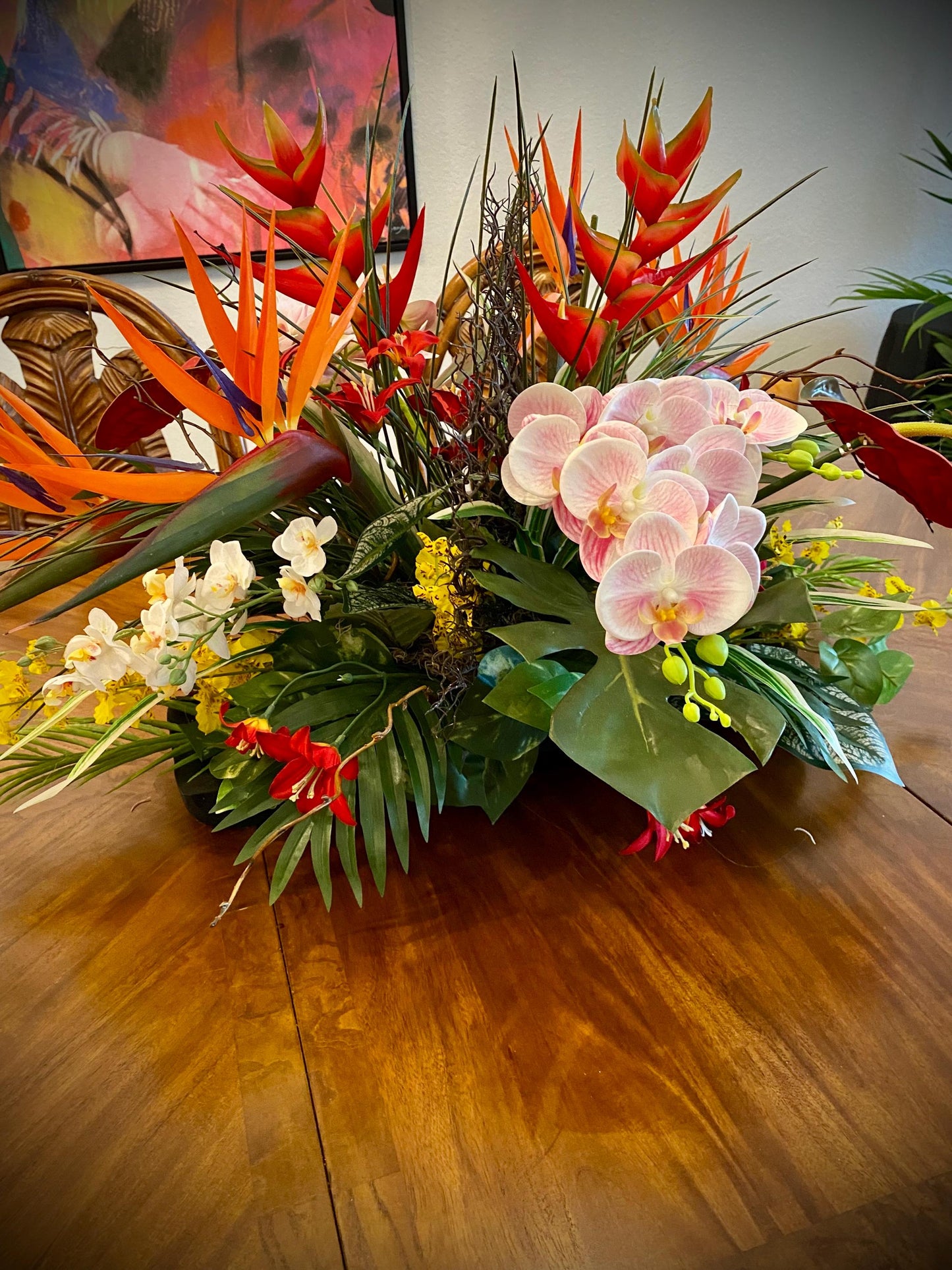 XL tropical arrangement with black wooden vessels. Heliconia, Bird of Paradise and Coral Fan.  Faux Floral Centerpiece,  (36x20x20) 8 pounds