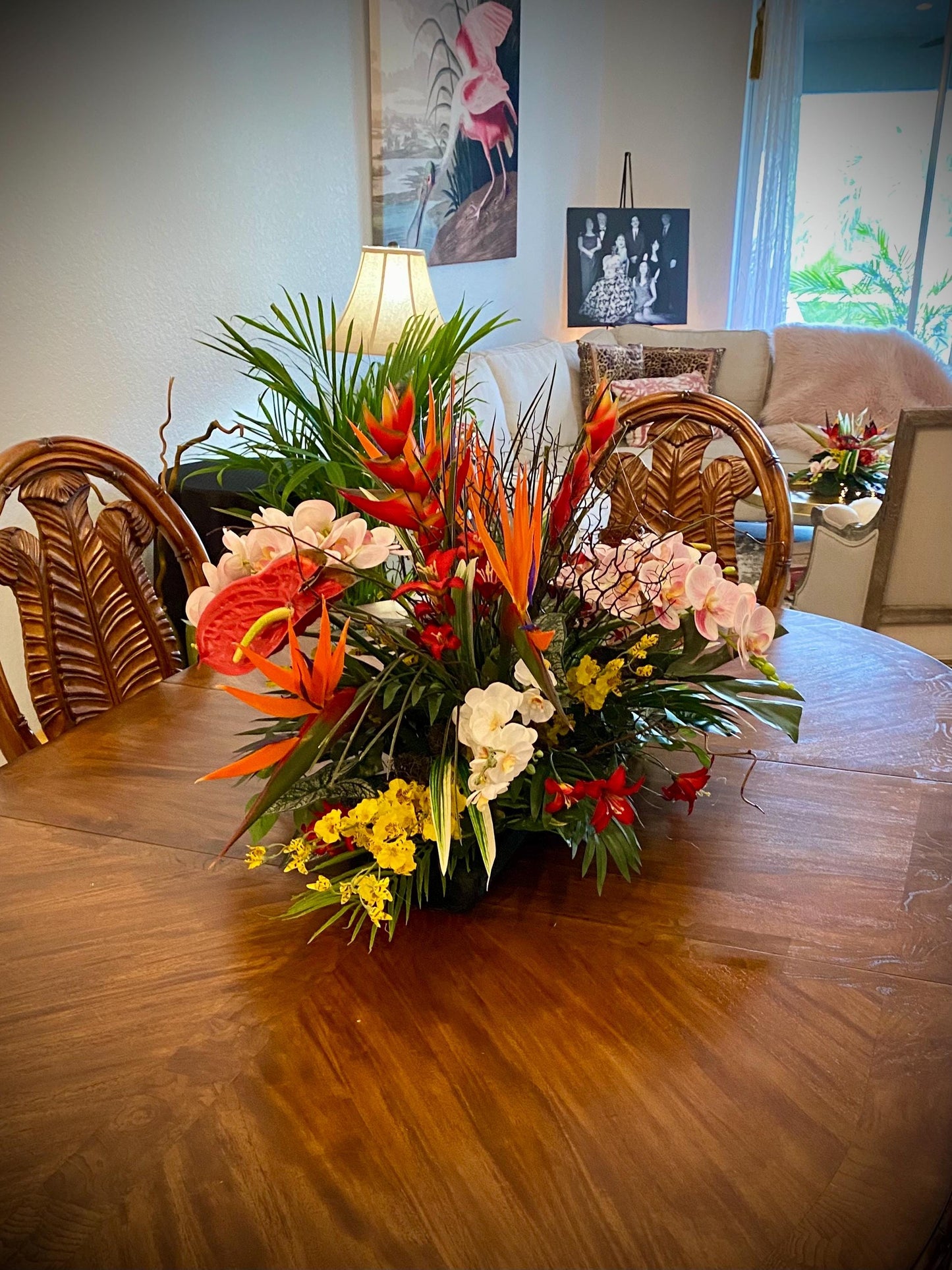 XL tropical arrangement with black wooden vessels. Heliconia, Bird of Paradise and Coral Fan.  Faux Floral Centerpiece,  (36x20x20) 8 pounds
