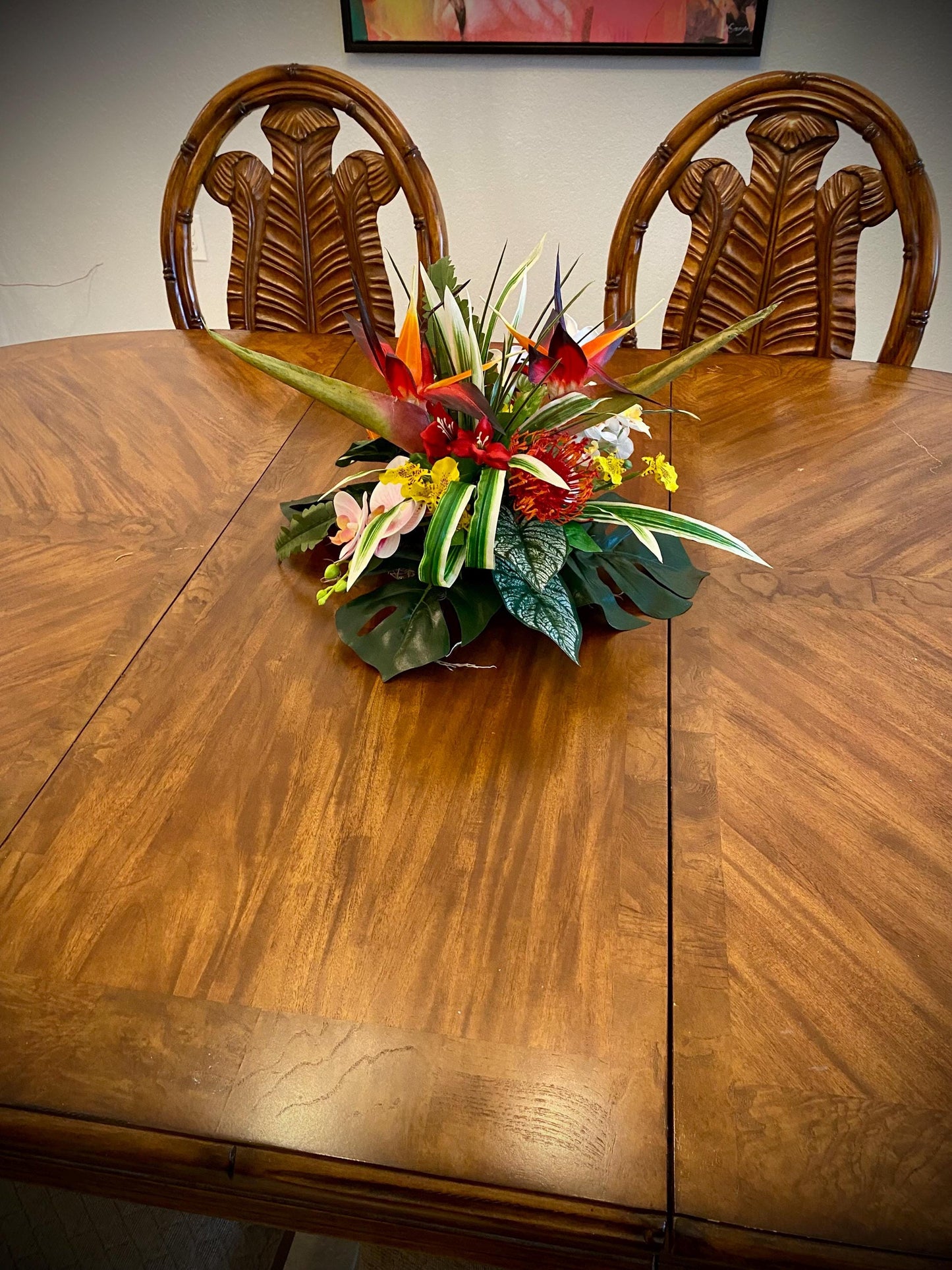 Low profile Tropical Floral Centerpiece, Bird of Paradise and  Orchid 15” diameter  11” height