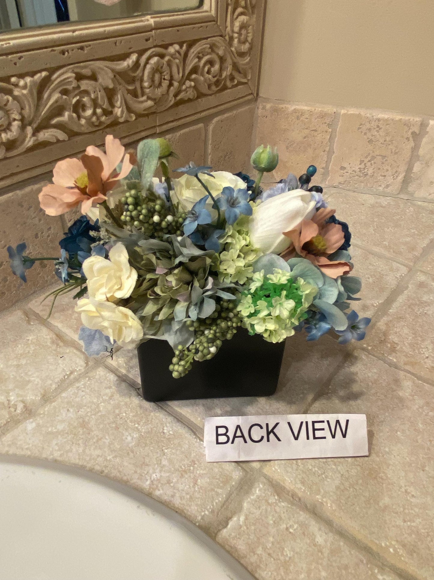 Little Blue Pavey Nosegay Beautiful Ranunculus and roses in black glass cube. Baby blue and ivory, Artificial ,  7"x7"