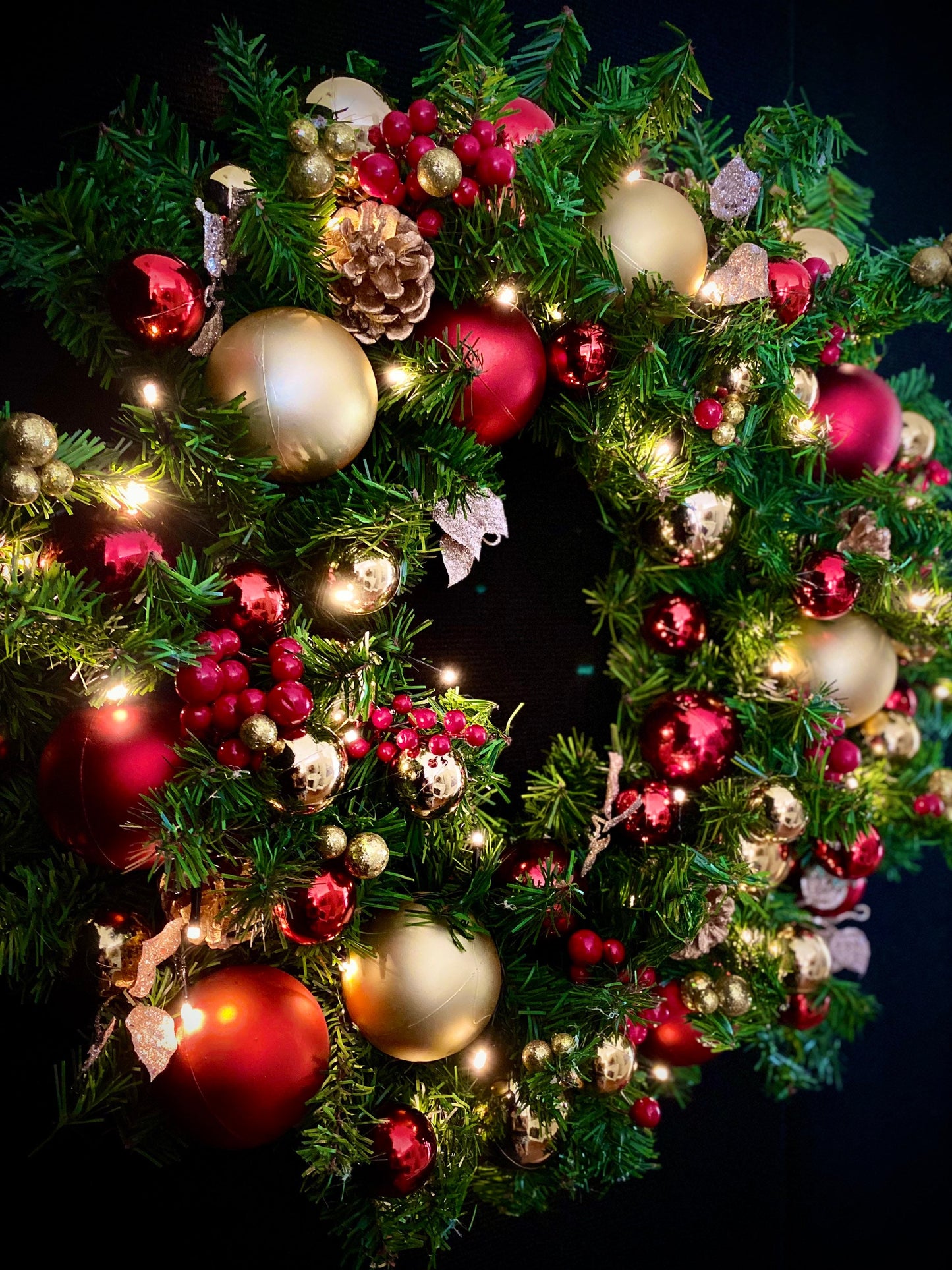 On Sale !!  Wreath, Economical, 23inch Red Wreath, Red and Gold Wreath, Cordless, LED  Timed light, Elegant Wreath, Battery Operated,