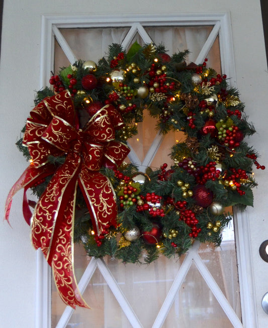 Pre-Lit Red Holiday Wreath with Berries and Bow, Cordless LED Decor