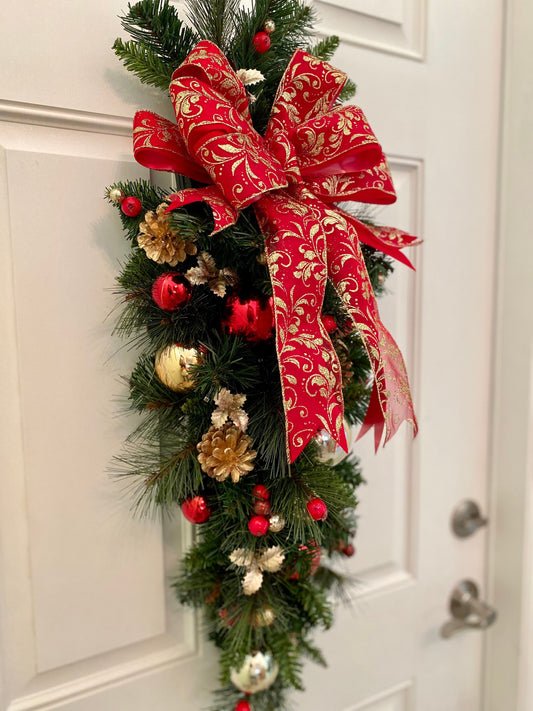 Pre-Lit Christmas Teardrop Swag, Red & Gold Ribbon, Cordless Decor