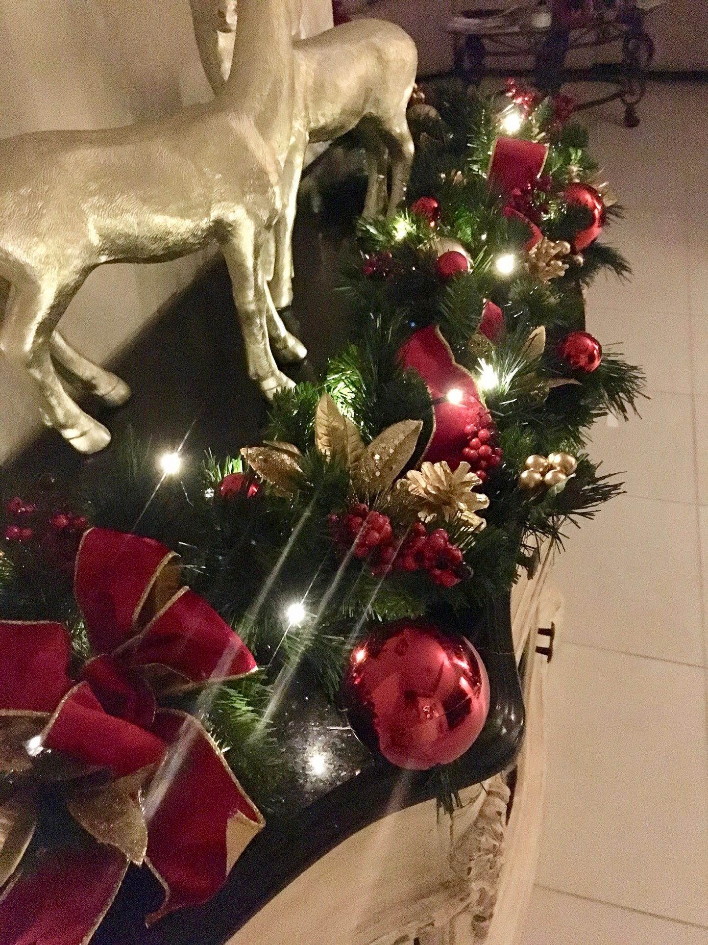 Red Velvet Christmas Garland, 5ft, 48 LED Lights with Timer