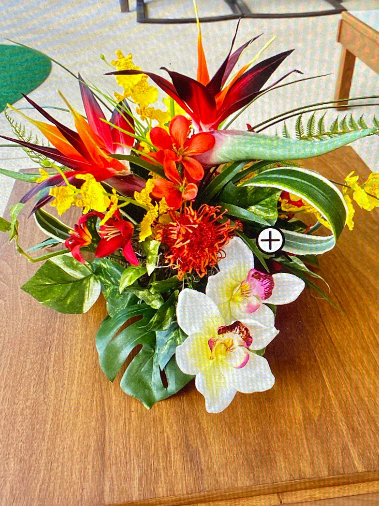 Tropical Faux Floral Arrangement, Bird of Paradise, Cymbidium Orchid Centerpiece