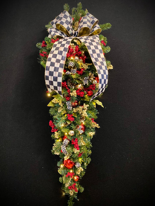 Elegant  Large 50"  Door Swag with Designer Ribbon.  Pre-Lit  Pre-Decorated Artificial  Holiday Decoration.