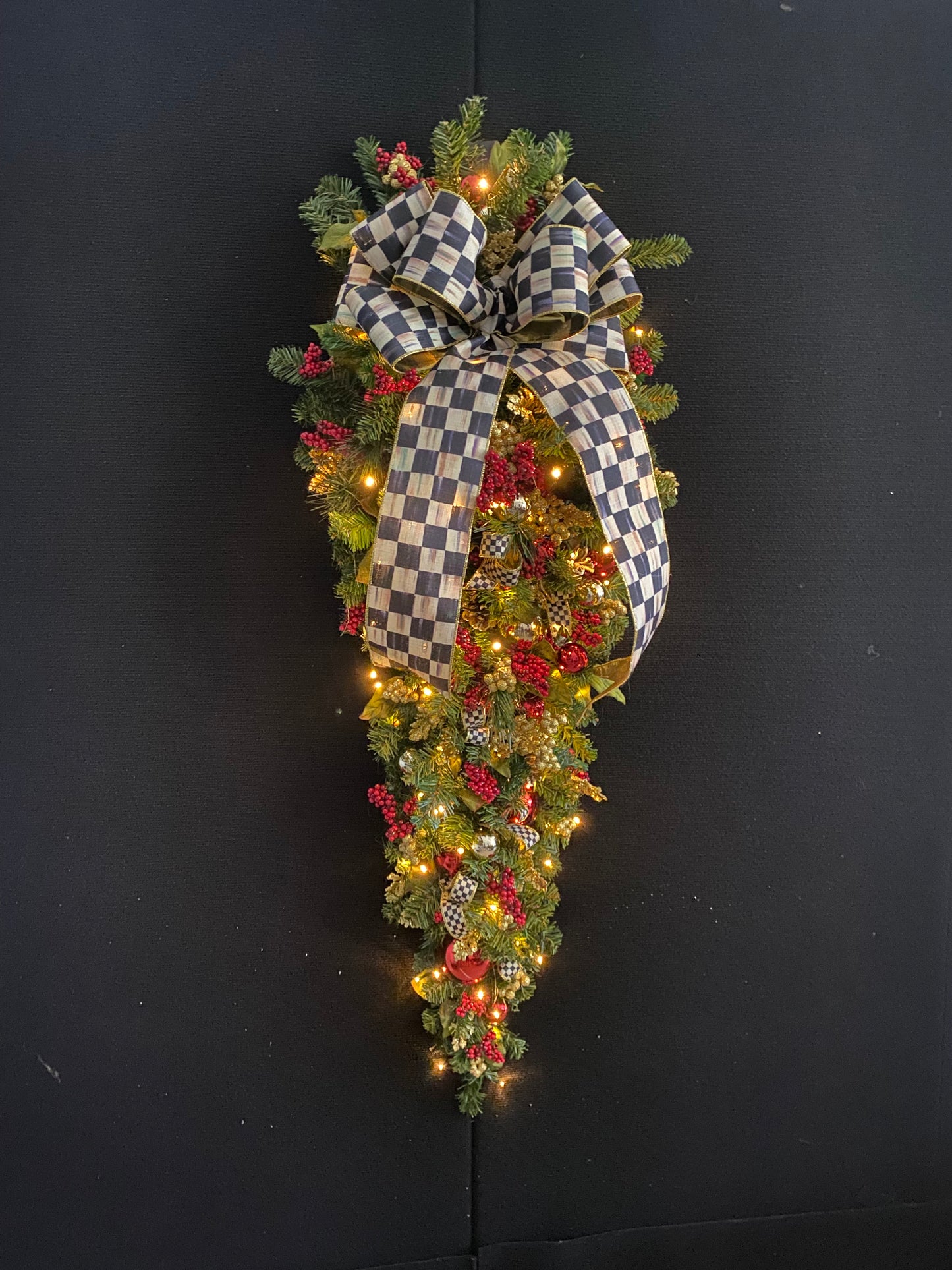 Elegant  Large 50"  Door Swag with Designer Ribbon.  Pre-Lit  Pre-Decorated Artificial  Holiday Decoration.