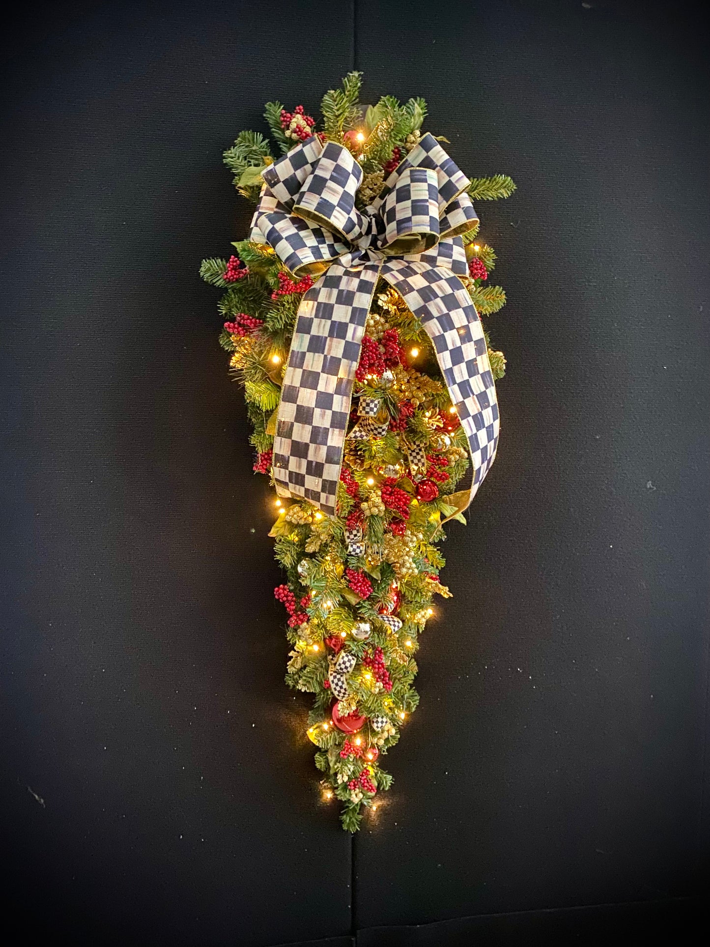 Elegant  Large 50"  Door Swag with Designer Ribbon.  Pre-Lit  Pre-Decorated Artificial  Holiday Decoration.