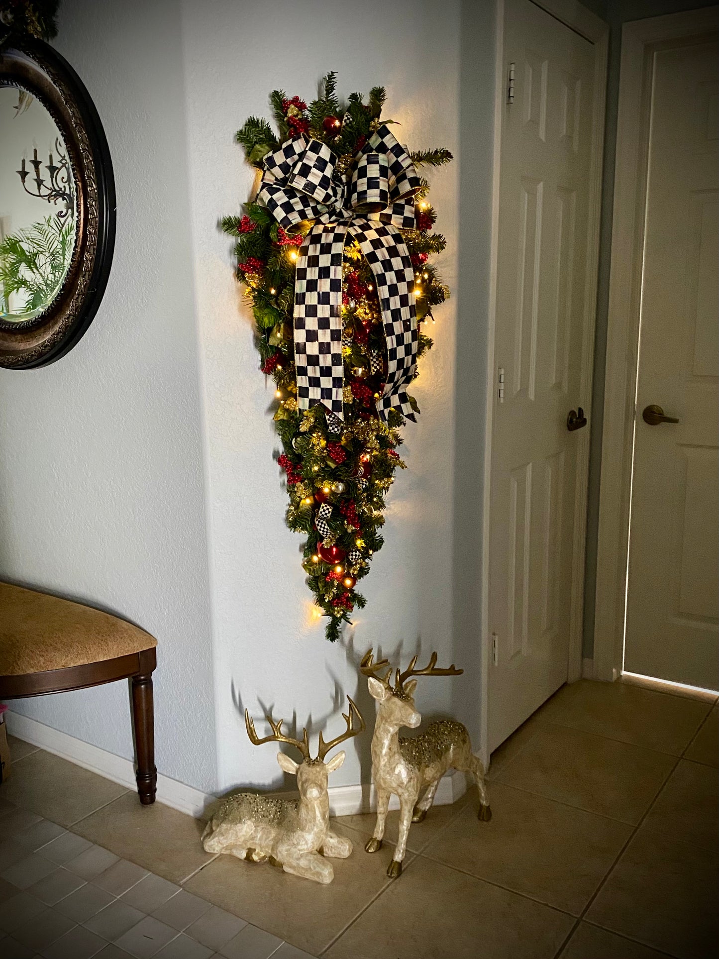 Elegant  Large 50"  Door Swag with Designer Ribbon.  Pre-Lit  Pre-Decorated Artificial  Holiday Decoration.