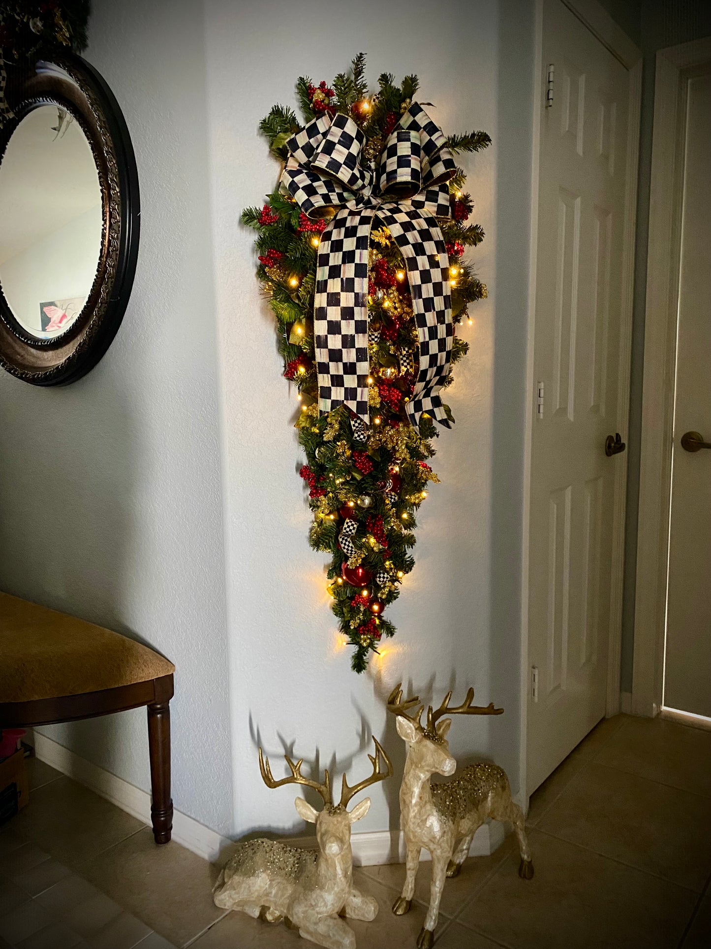 Elegant  Large 50"  Door Swag with Designer Ribbon.  Pre-Lit  Pre-Decorated Artificial  Holiday Decoration.