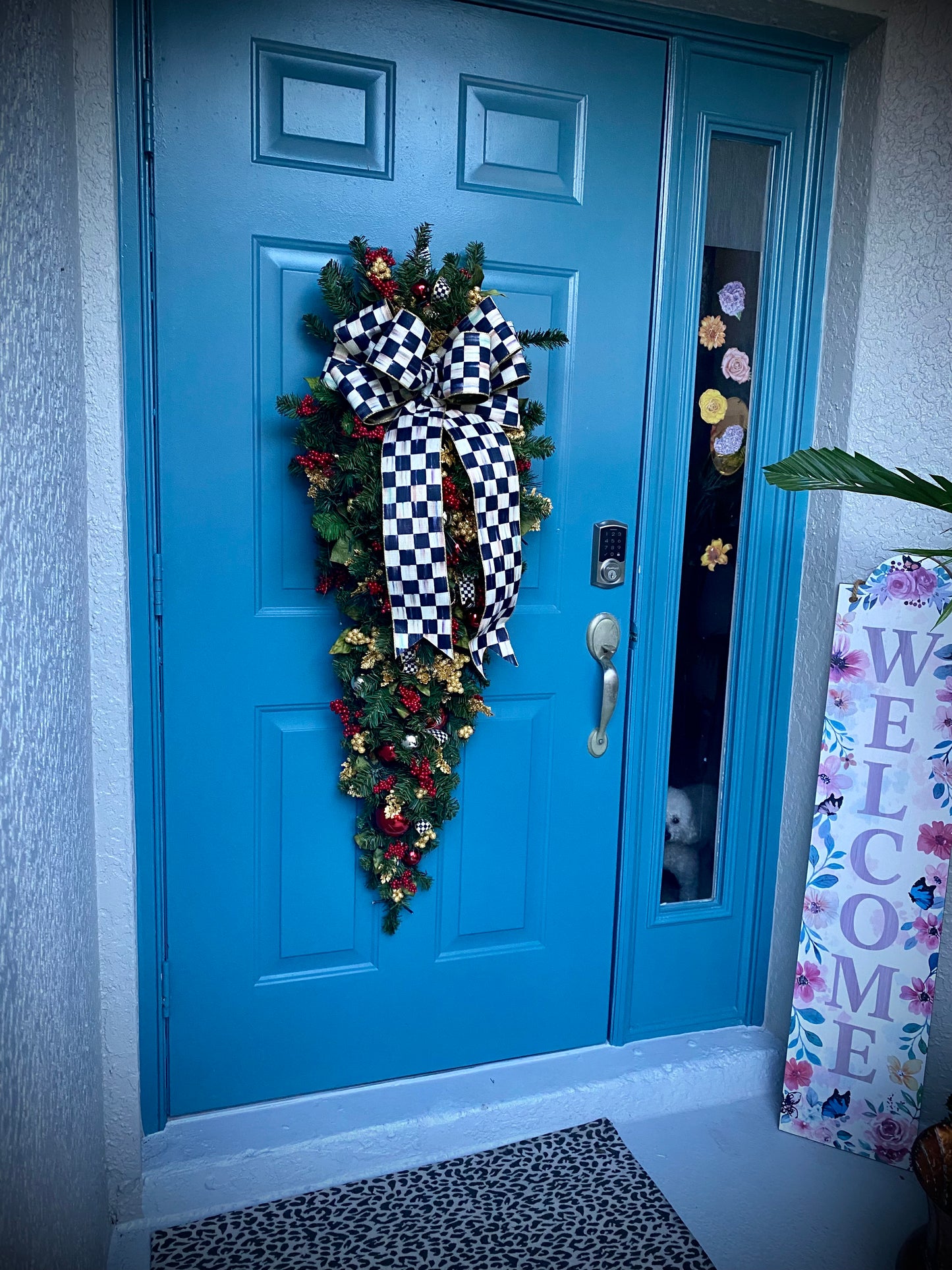 Elegant  Large 50"  Door Swag with Designer Ribbon.  Pre-Lit  Pre-Decorated Artificial  Holiday Decoration.