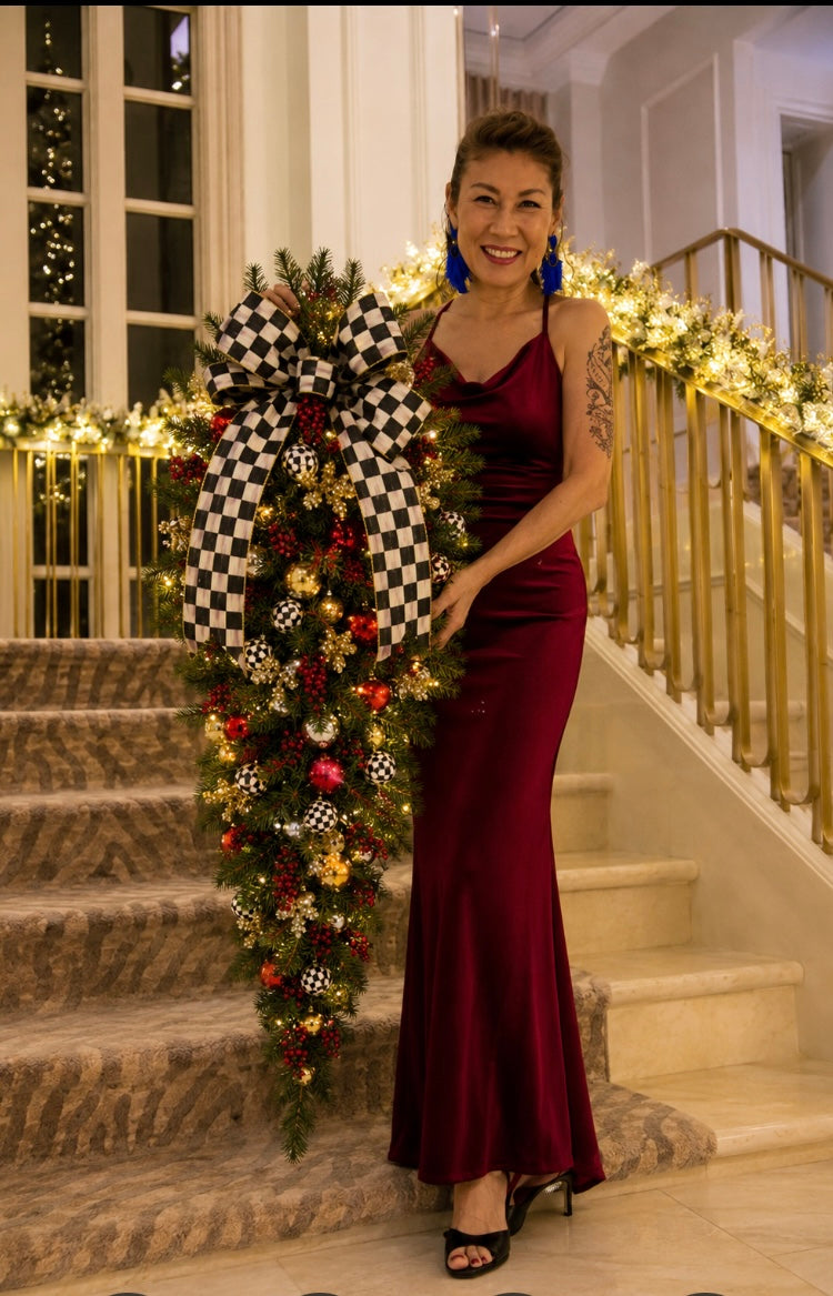 Elegant  Large 50"  Door Swag with Designer Ribbon.  Pre-Lit  Pre-Decorated Artificial  Holiday Decoration.