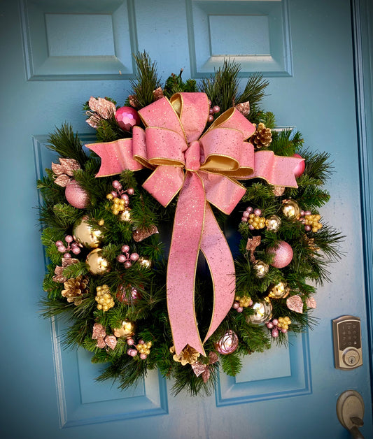 Pink Velvet Christmas Wreath,  Artificial Cordless LED Lights, 25 Inch