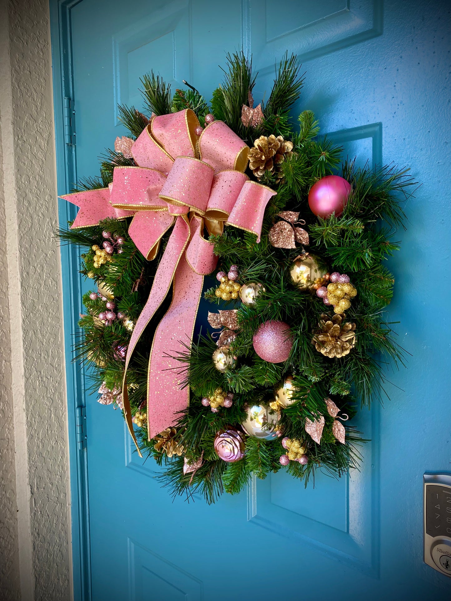 Pink Velvet Christmas Wreath,  Artificial Cordless LED Lights, 25 Inch