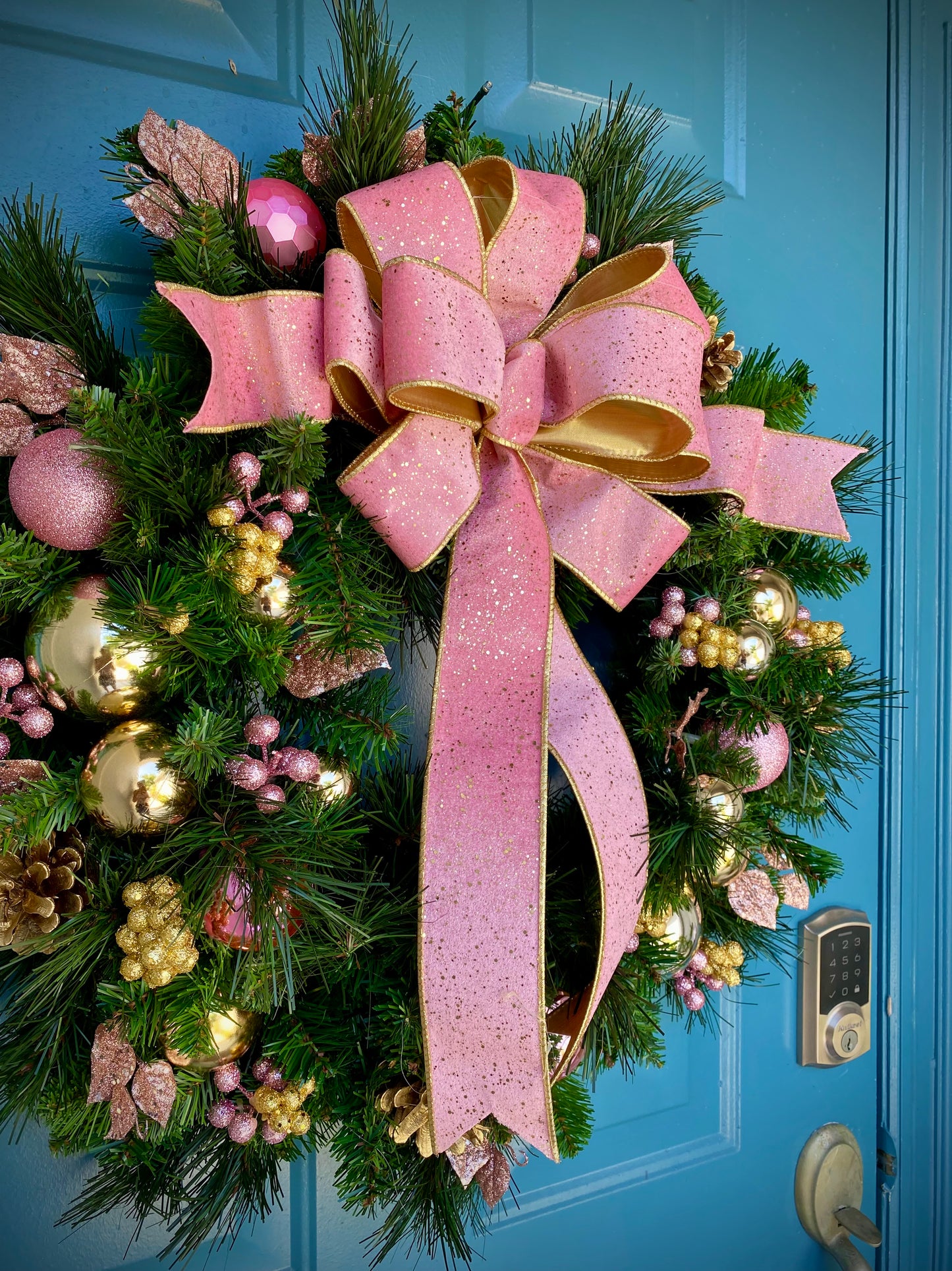 Pink Velvet Christmas Wreath,  Artificial Cordless LED Lights, 25 Inch