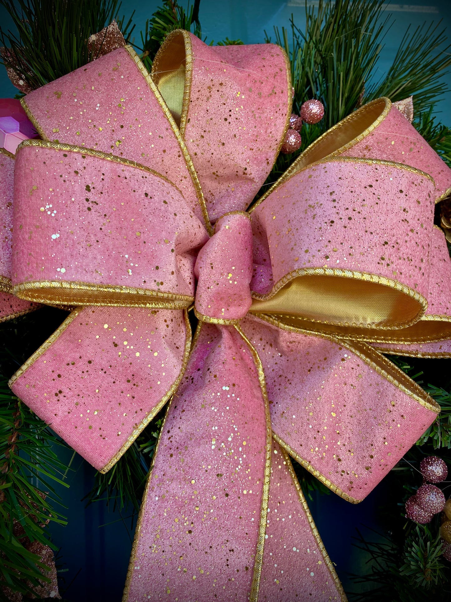 Pink Velvet Christmas Wreath,  Artificial Cordless LED Lights, 25 Inch