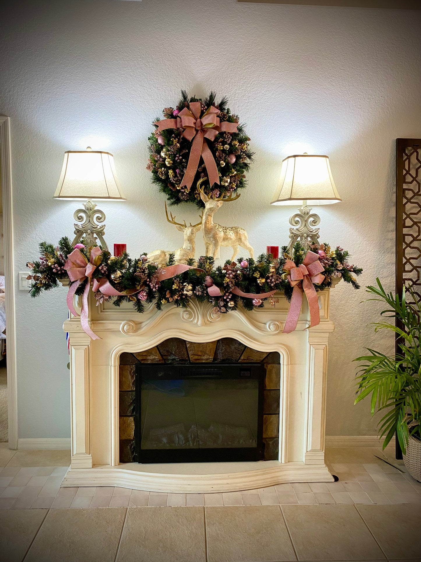 Pink Velvet Christmas Wreath and Garland Set,  Artificial Luxury LED Lighted, Holiday Decor