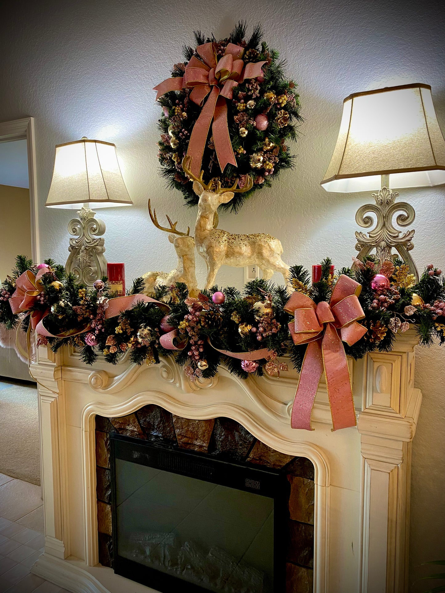 Pink Velvet Christmas Wreath and Garland Set,  Artificial Luxury LED Lighted, Holiday Decor