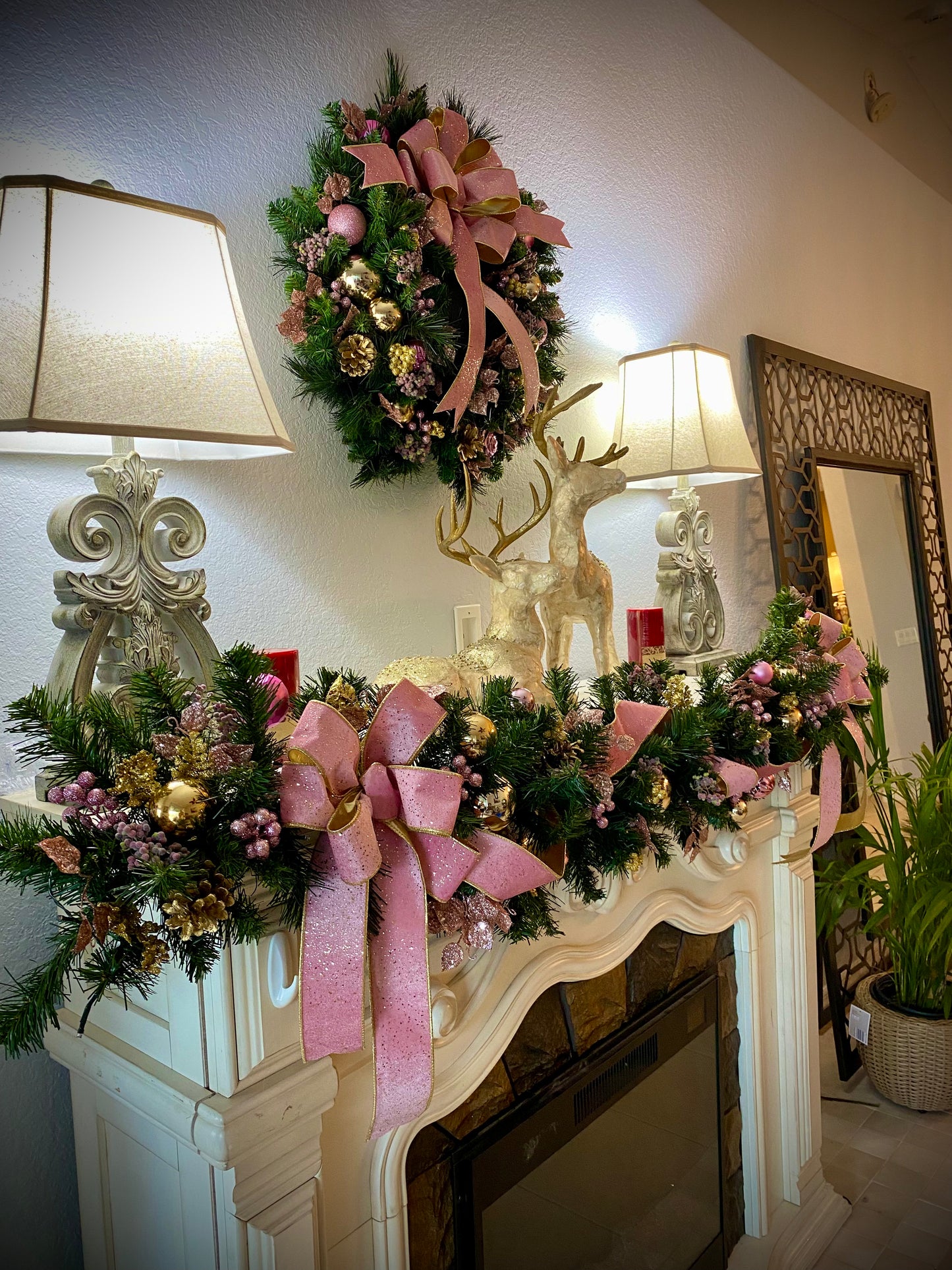 Pink Velvet Christmas Wreath and Garland Set,  Artificial Luxury LED Lighted, Holiday Decor